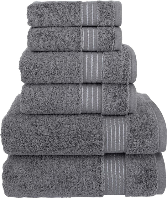 6-Piece Fade Resistant Bath towel, Hand and Washcloth Set - Cotton, Grey