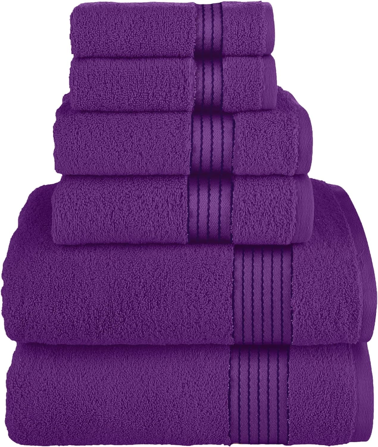 6-Piece Cotton Towel Set, Includes 2 Bath Towels, 2 Hand Towels, and 2 Washcloths, Highly Absorbent, Purple