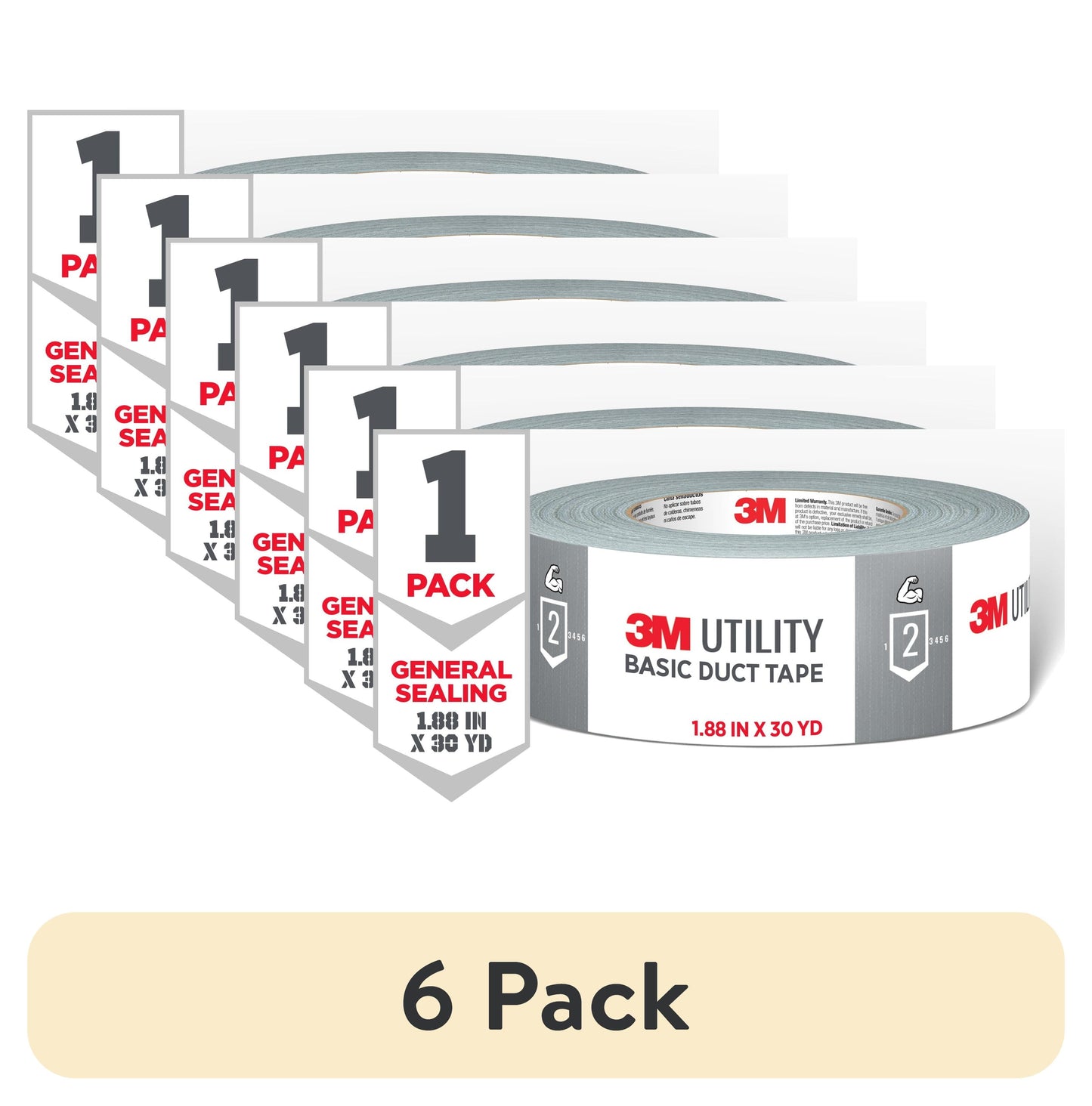 (6 pack) 3M Utility Duct Tape, Silver, Basic Use, 1.88 in. x 30 yd., 1 Roll