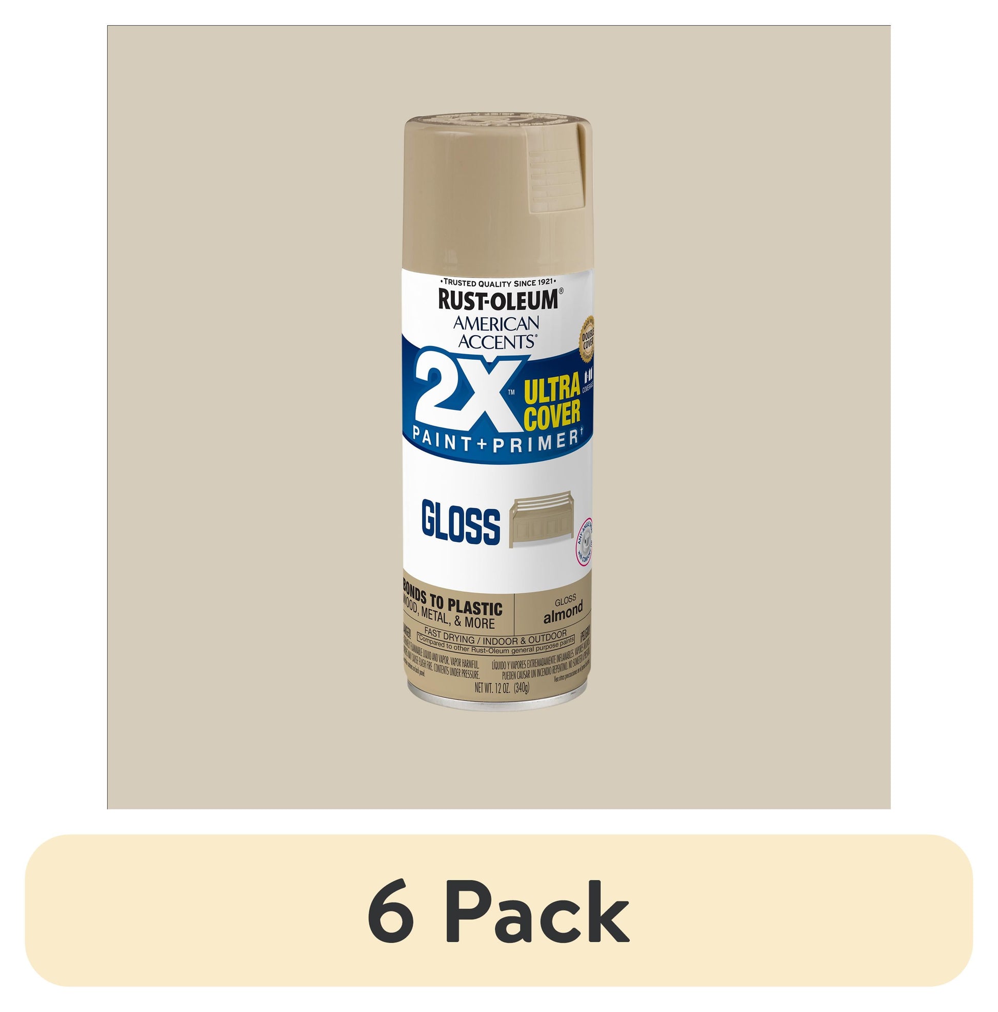 (6 pack) Almond, Rust-Oleum American Accents 2X Ultra Cover Gloss Spray Paint-327891, 12 oz