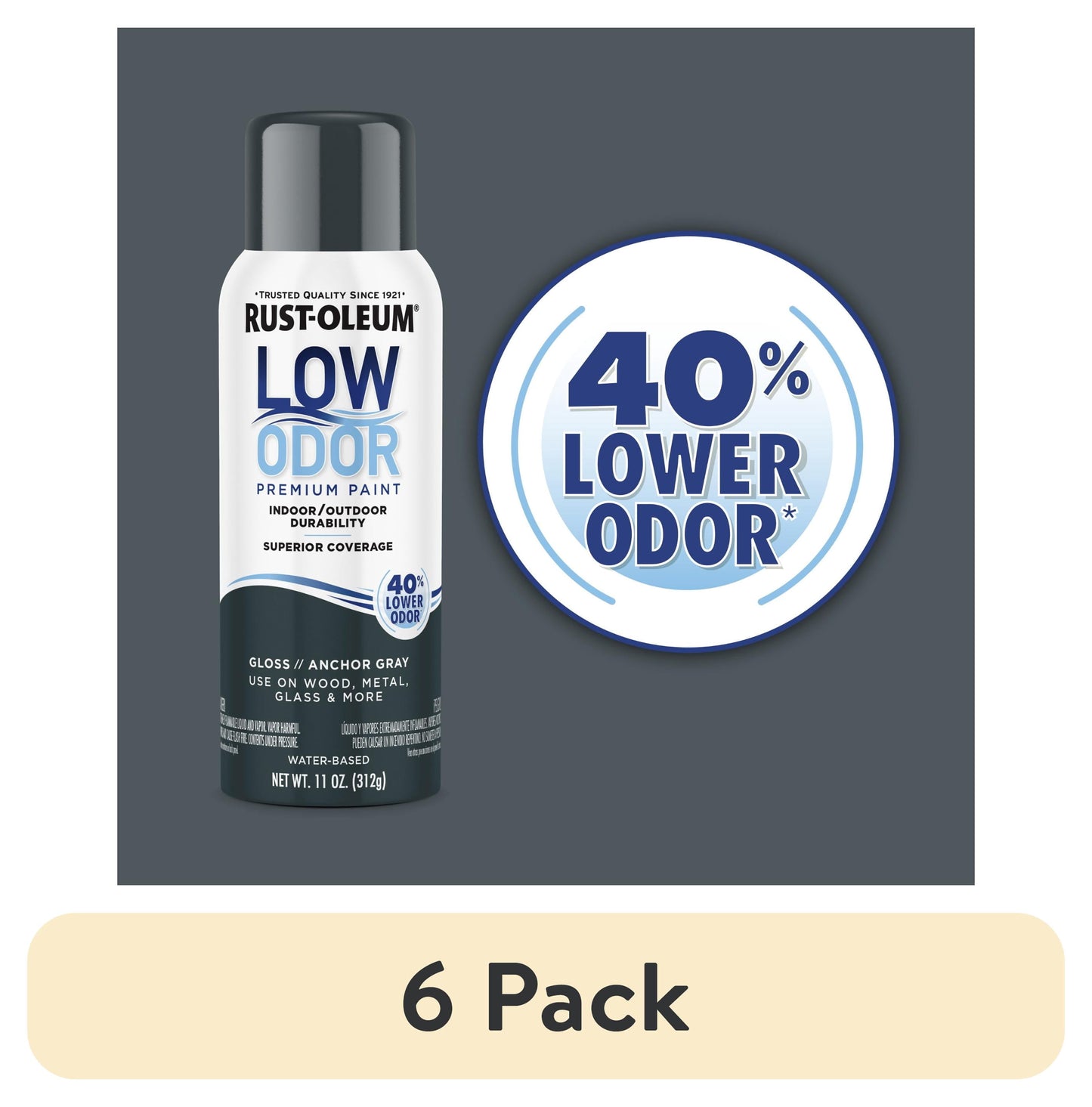 (6 pack) Anchor Gray, Rust-Oleum Low Odor Premium Gloss Spray Paint- 11 oz