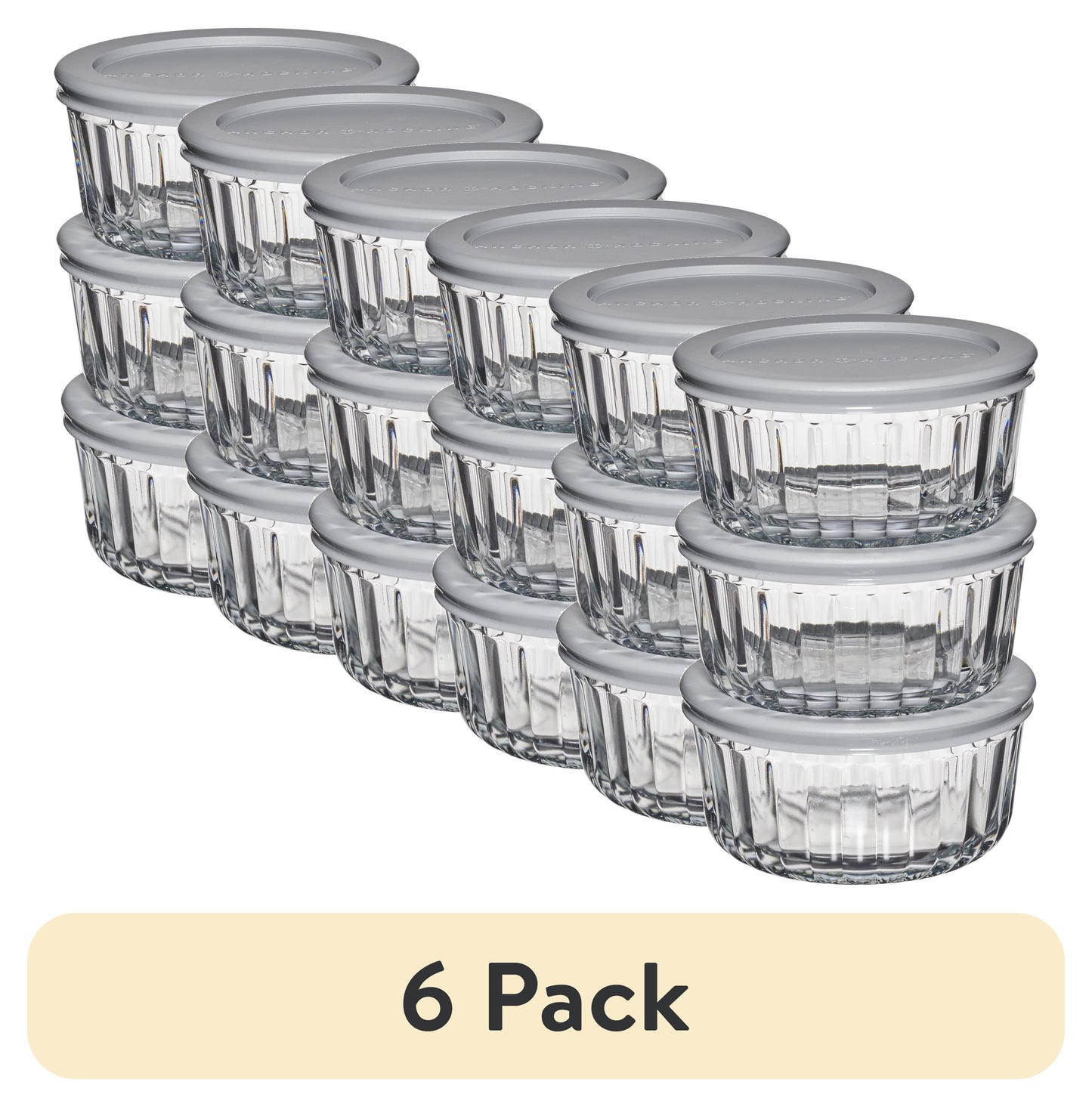 (6 pack) Anchor Hocking Sculpted Glass Food Storage Container with Lids, 2 Cup Round, Set of 3