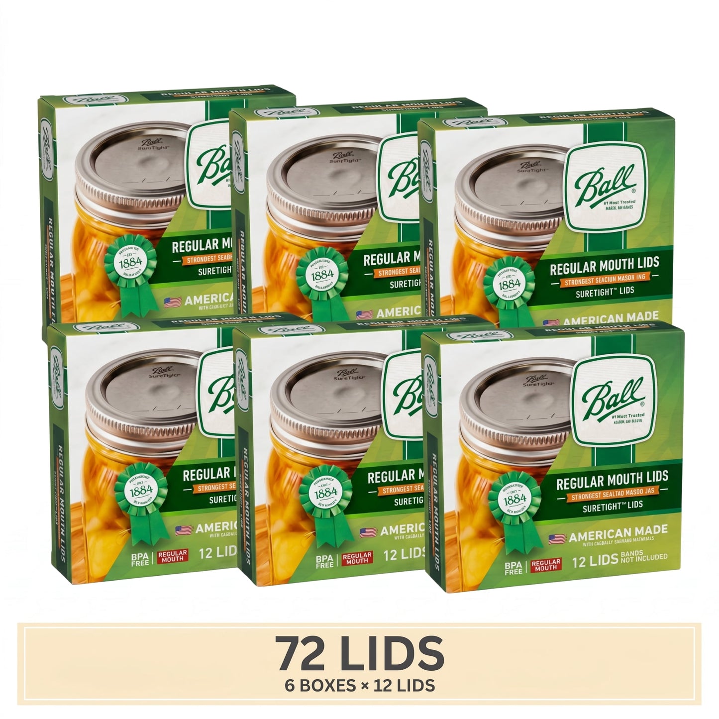 (6 pack) Ball 1440031050 1440032000 Canning Jar Lid, 2.4 oz Capacity, Steel, Silver Cap/Lid - pack of 12