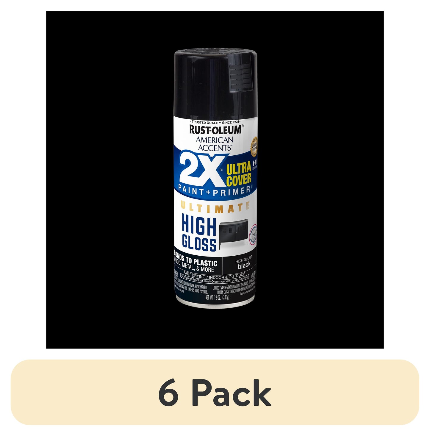 (6 pack) Negro, Rust-Oleum American Accents 2X Ultra Cover Pintura en Aerosol de Alto Brillo-328374, 12 oz
