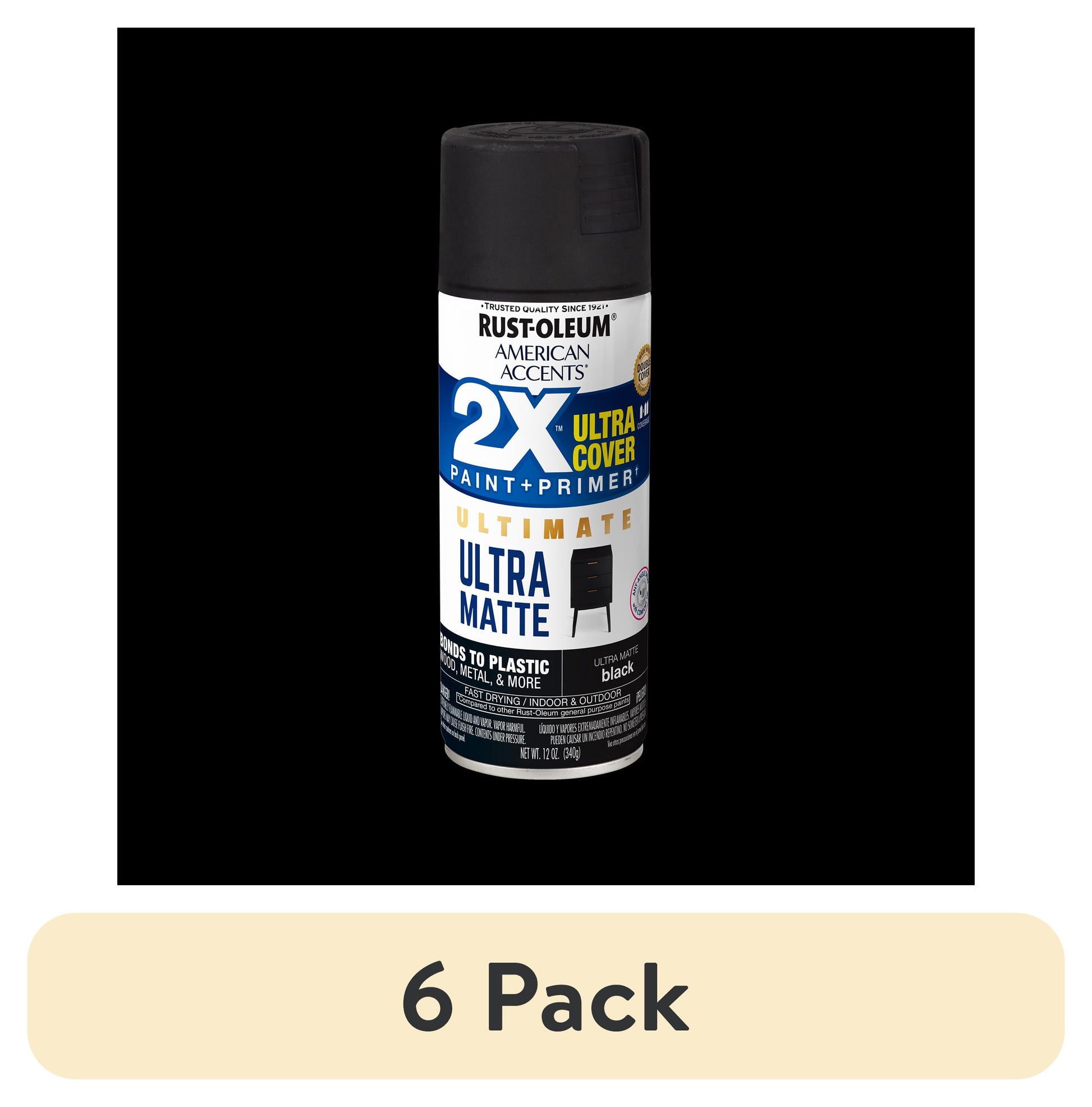 (6 pack) Black, Rust-Oleum American Accents 2X Ultra Cover Matte Spray Paint-328392, 12 oz