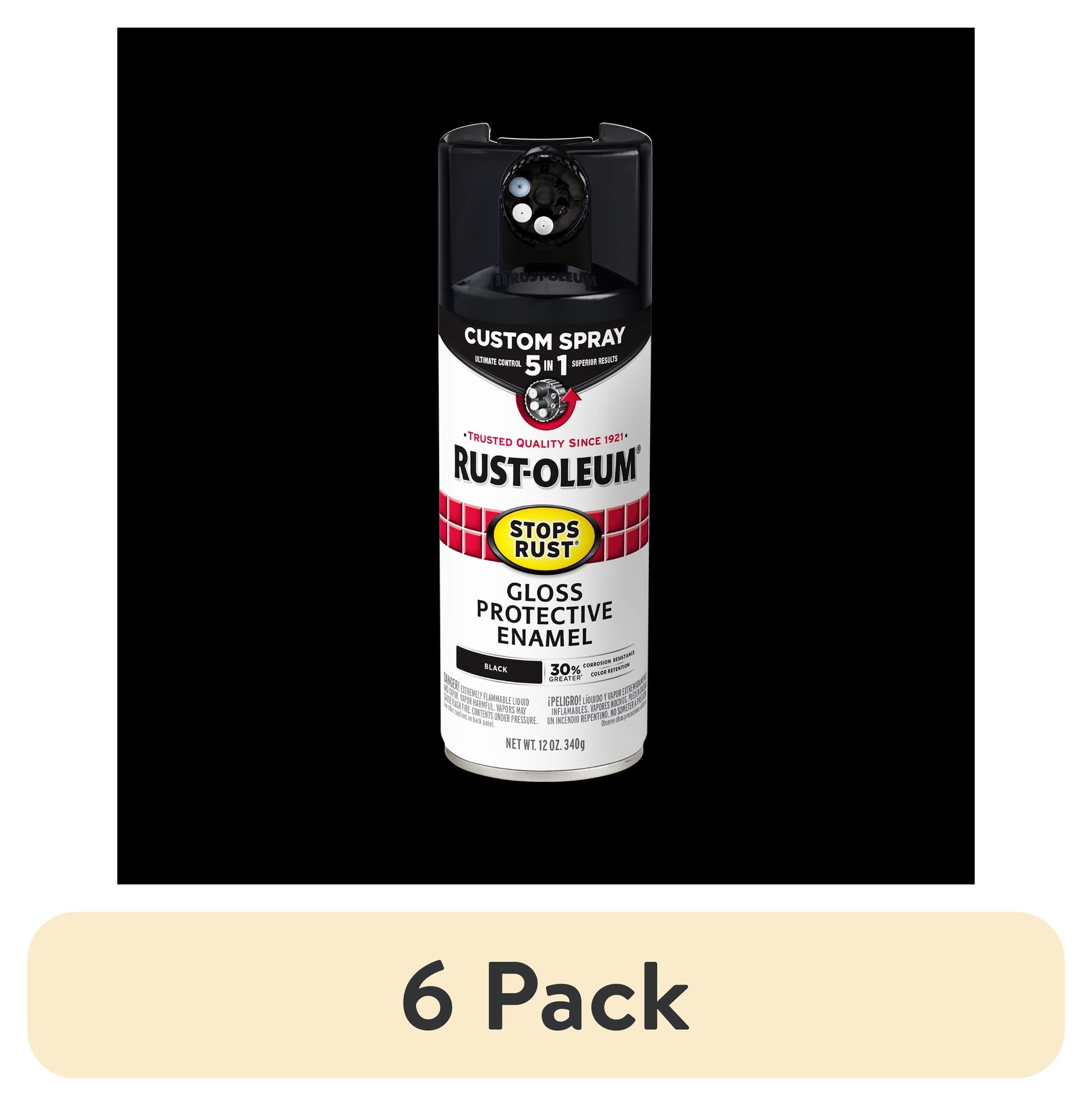 (6 pack) Black, Rust-Oleum Stops Rust Custom Sprays 5 in 1 Gloss Spray Paint-376884, 12 oz