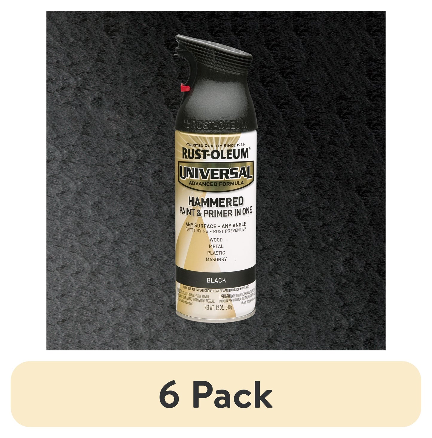 (6 pack) Black, Rust-Oleum Universal Hammered Paint & Primer Spray Paint Spray Paint-245217, 12 oz
