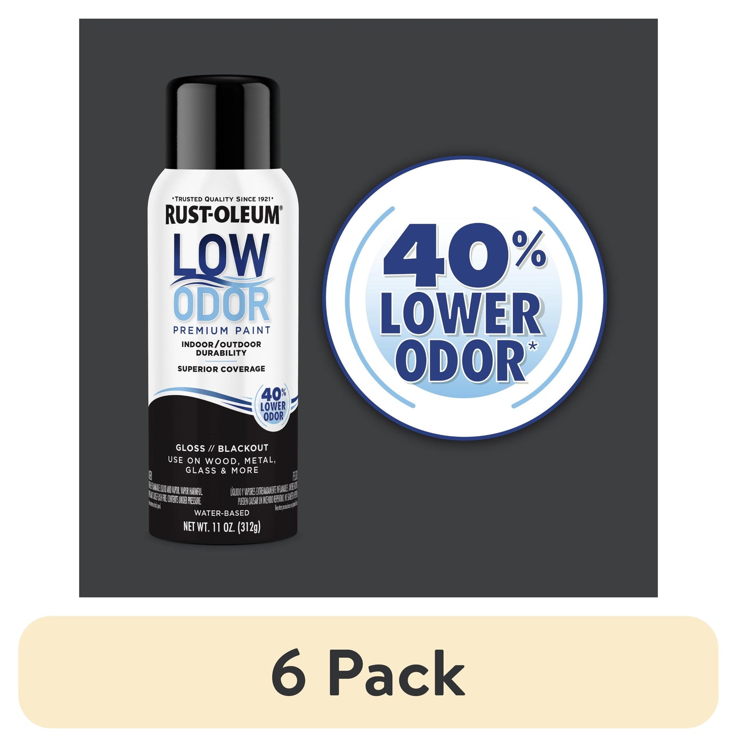 (6 pack) Blackout, Rust-Oleum Low Odor Premium Gloss Spray Paint-388245, 11 oz