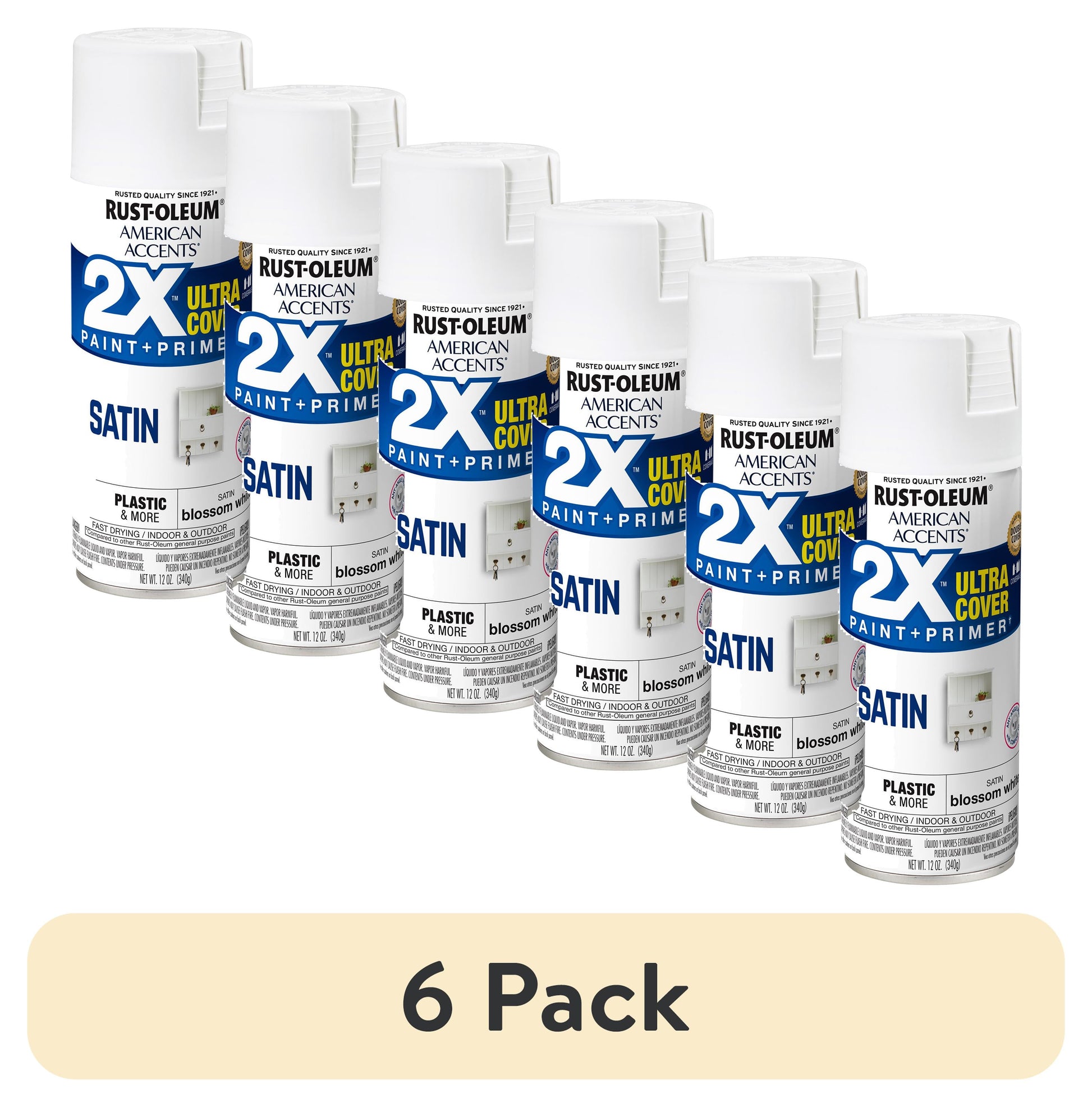 (6 pack) Blossom White, Rust-Oleum American Accents 2X Ultra Cover Satin Spray Paint-327918, 12 oz