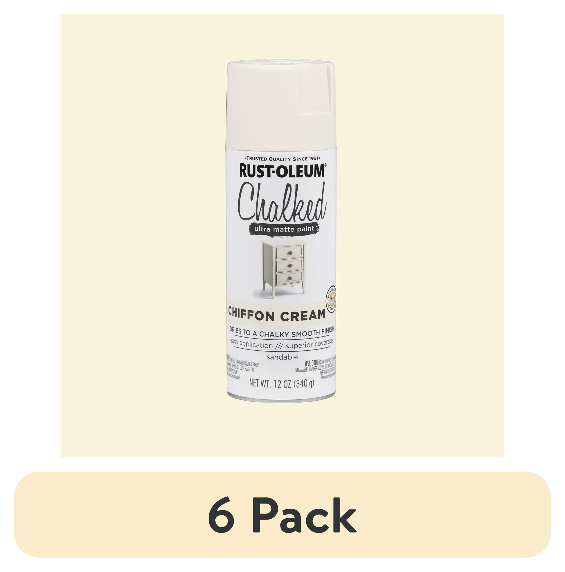(6 pack) Chiffon Cream, Rust-Oleum Chalked Ultra Matte Spray Paint-302596, 12 oz