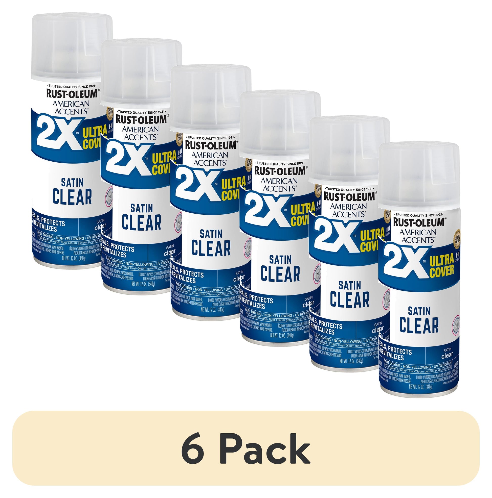 (6 pack) Clear, Rust-Oleum American Accents 2X Ultra Cover Satin Spray Paint-376187, 12 oz