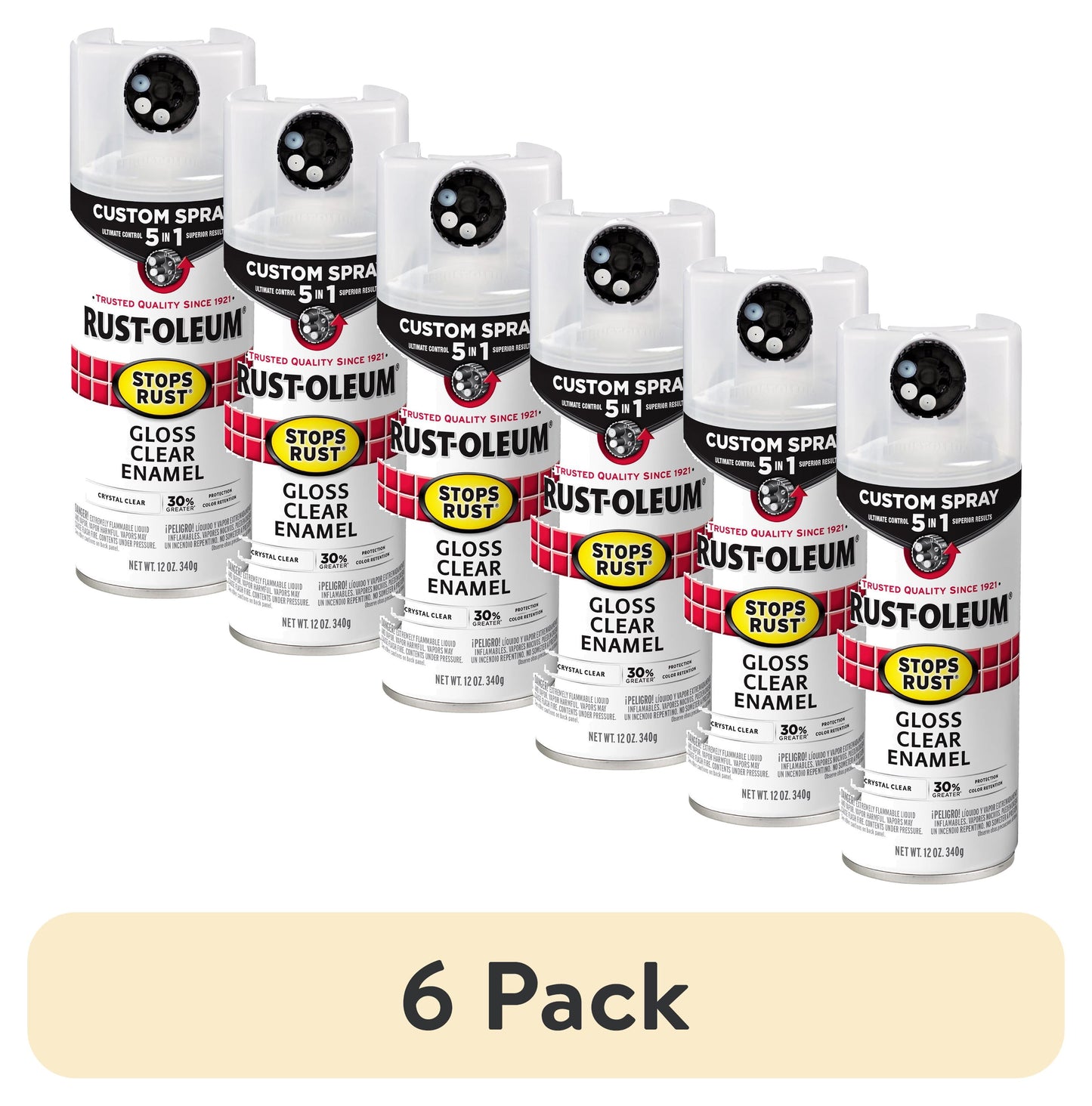 (6 pack) Clear, Rust-Oleum Stops Rust Custom Sprays 5 in 1 Gloss Spray Paint-376885, 12 oz
