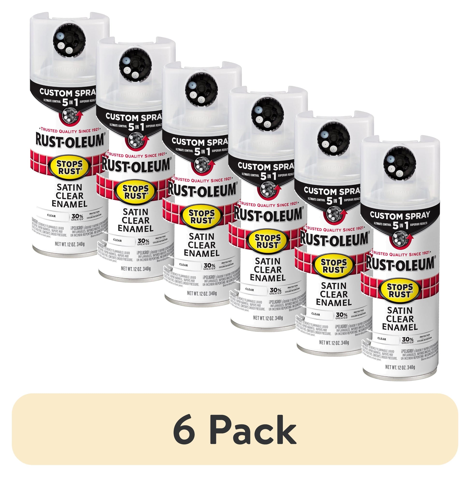 (6 pack) Clear, Rust-Oleum Stops Rust Custom Sprays 5 in 1 Satin Spray Paint-376883, 12 oz