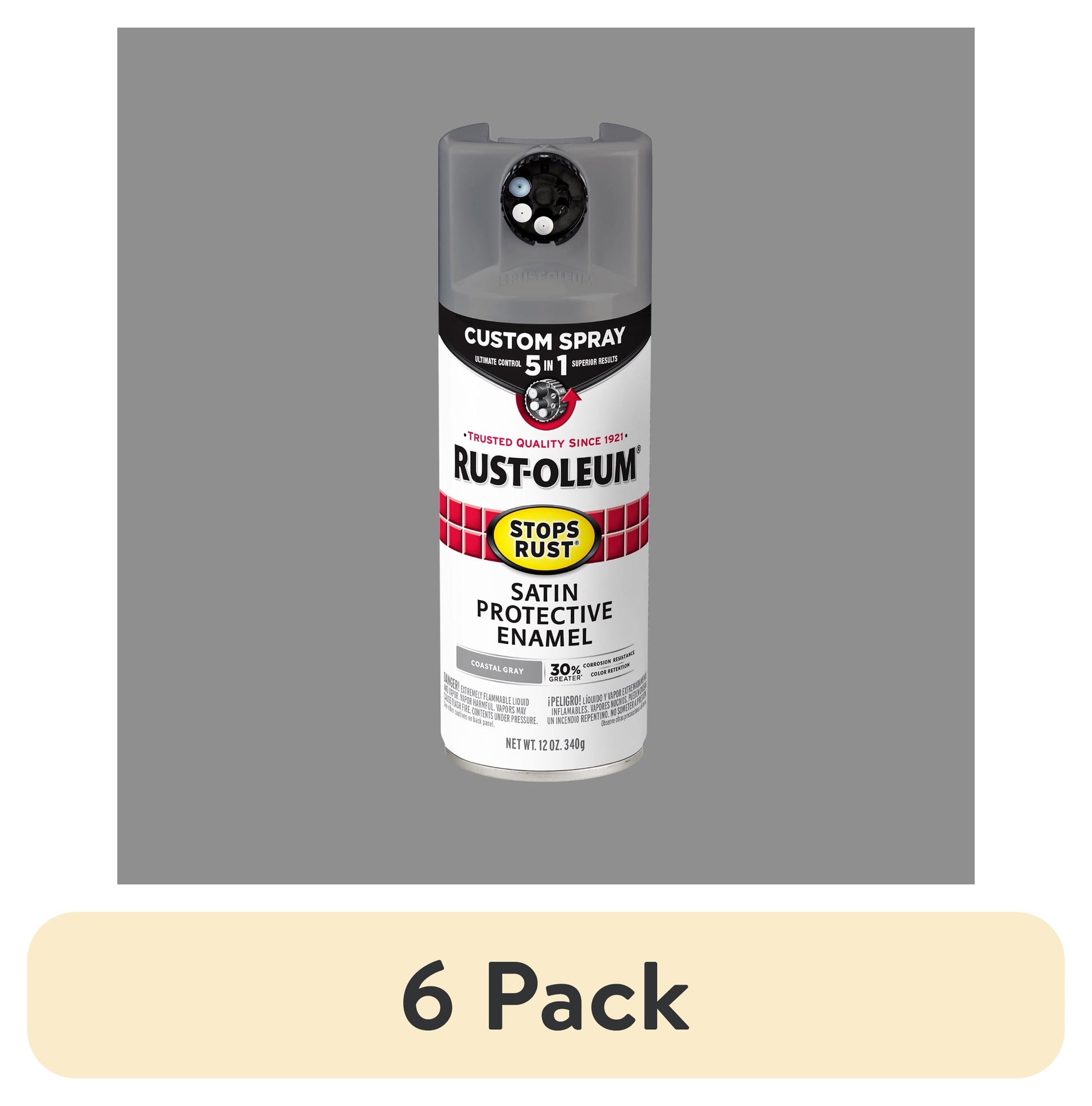 (6 pack) Coastal Gray , Rust-Oleum Stops Rust Custom Sprays 5 in 1 Satin Spray Paint-376872, 12 oz
