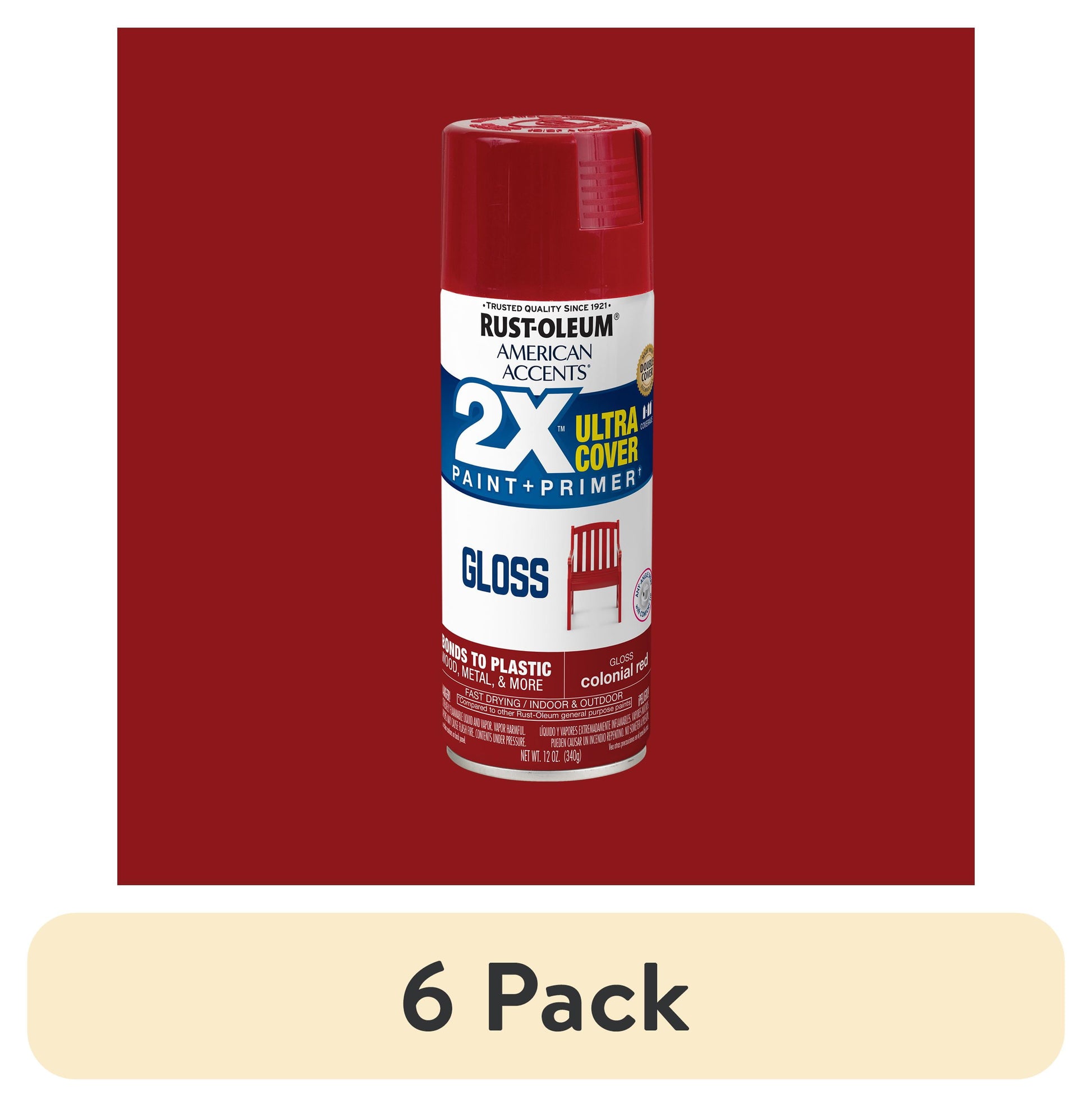 (6 pack) Colonial Red, Rust-Oleum American Accents 2X Ultra Cover Gloss Spray Paint-327877, 12 oz