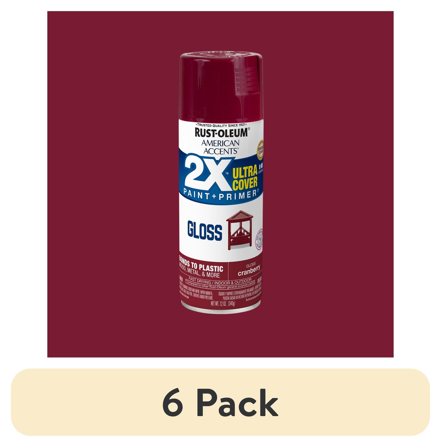 (6 pack) ArÃ¡ndano Rojo, Rust-Oleum American Accents 2X Ultra Cover Pintura en Aerosol Brillante-327893, 12 oz