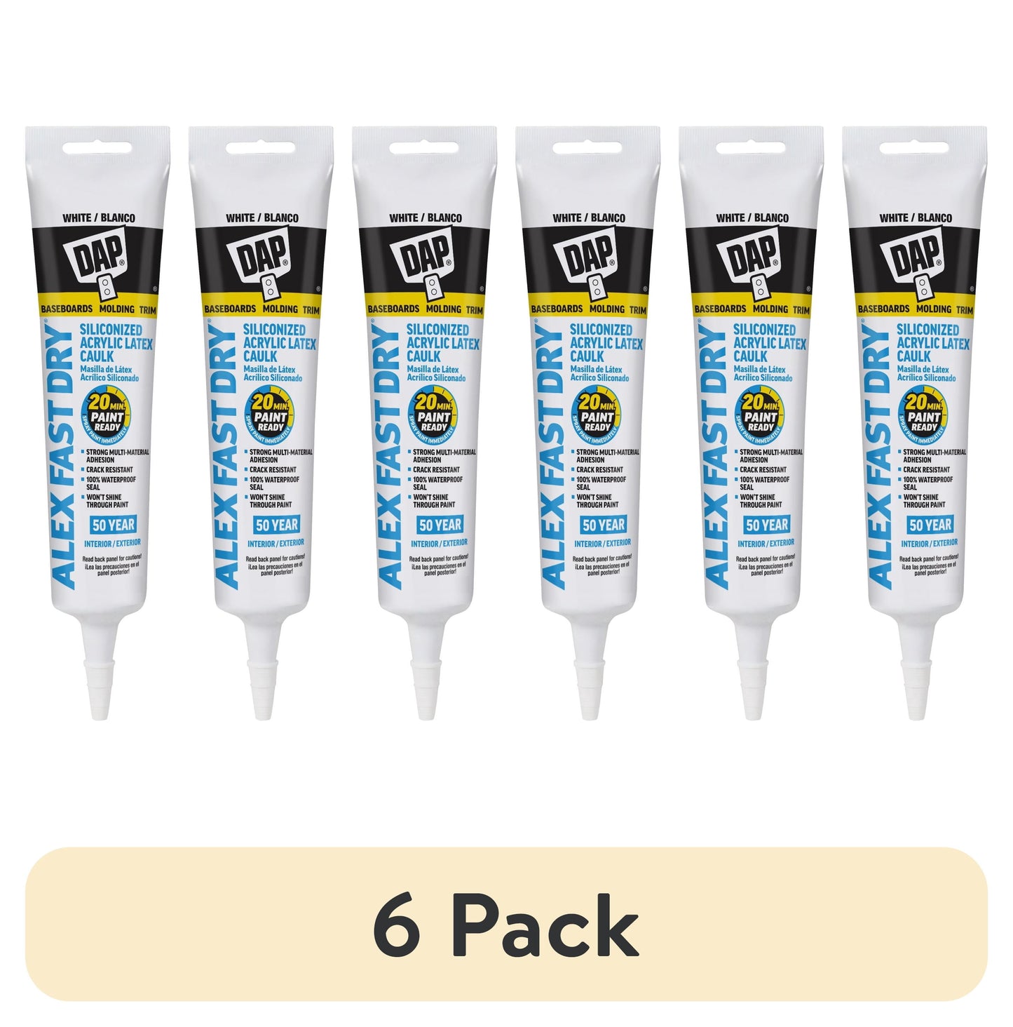 (6 pack) DAP Alex Fast Dry 5.5 oz White Acrylic Latex Silicone Caulk