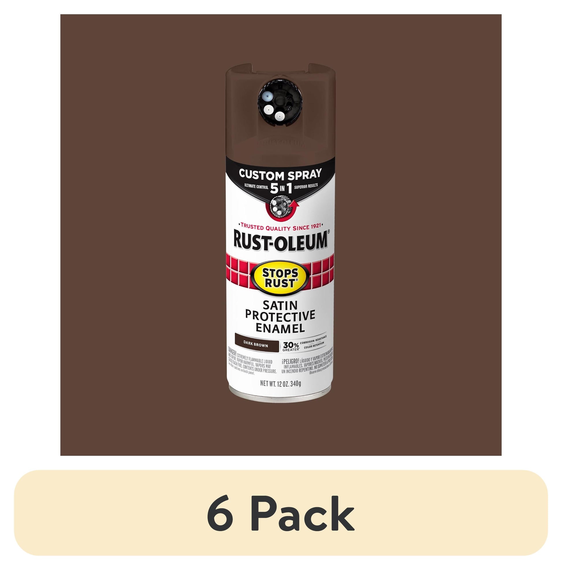 (6 pack) Dark Brown, Rust-Oleum Stops Rust Custom Sprays 5 in 1 Satin Spray Paint-376873, 12 oz