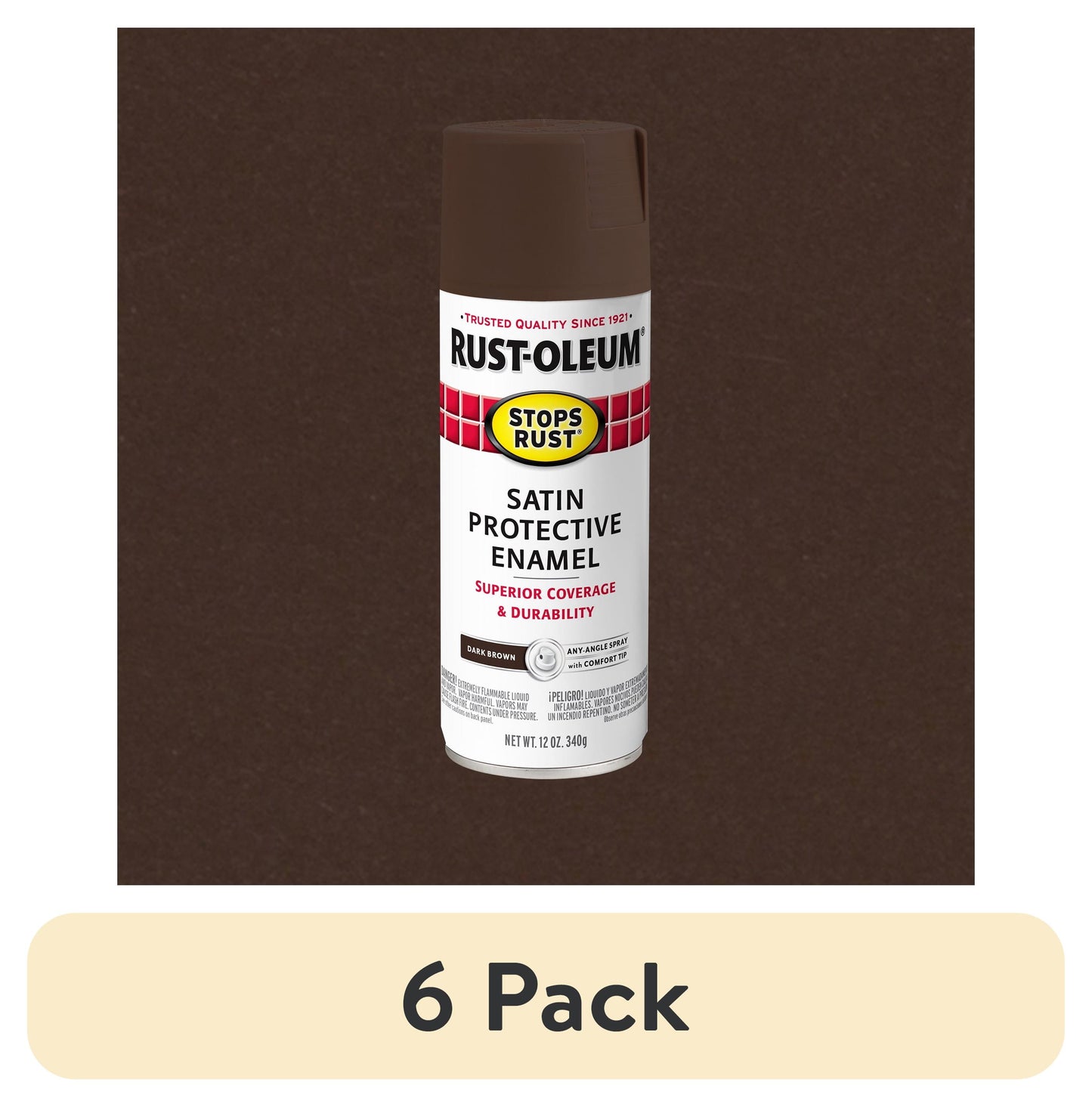 (6 pack) Dark Brown, Rust-Oleum Stops Rust Protective Enamel Satin Spray Paint-241239, 12 oz