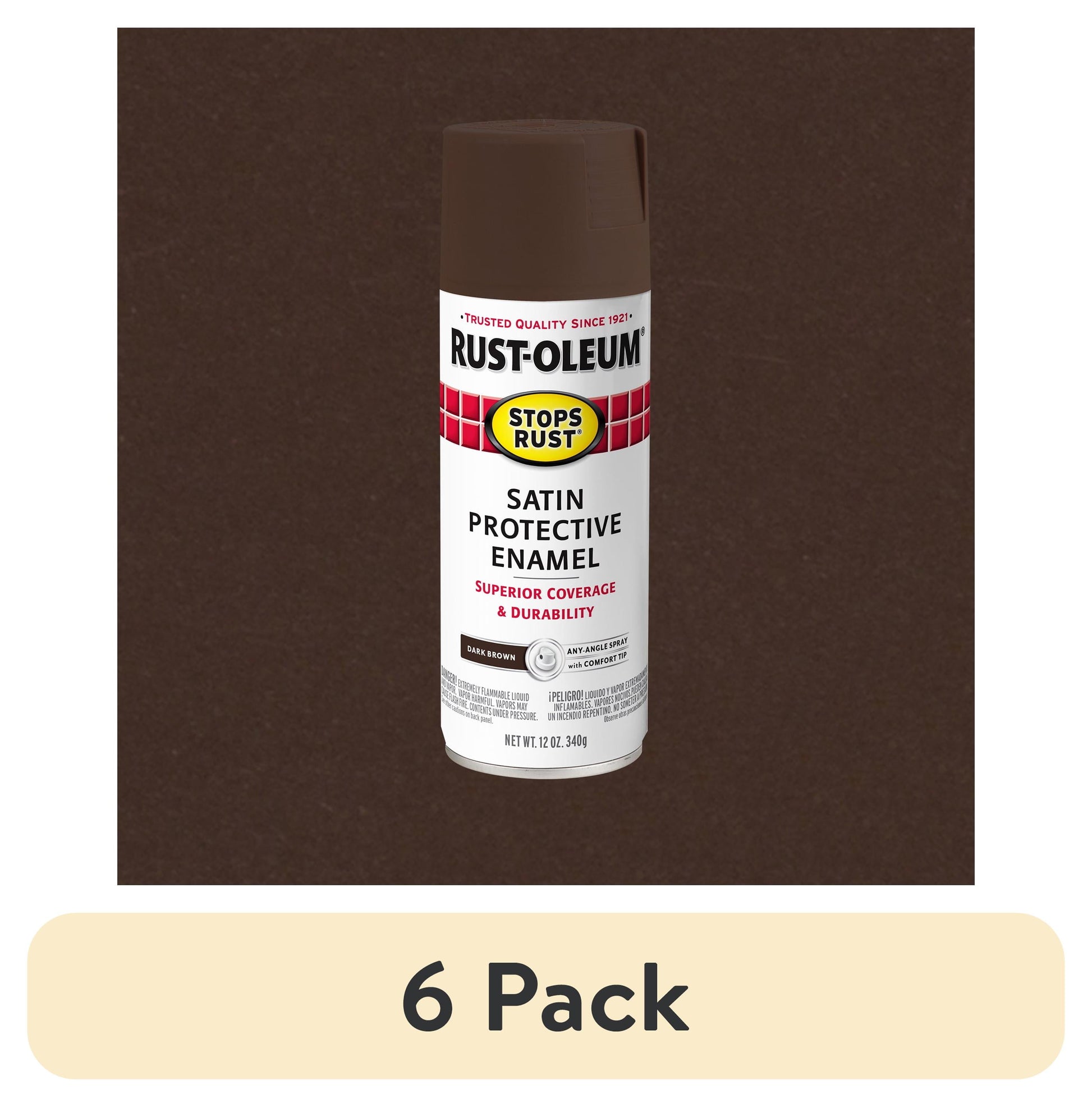 (6 pack) Dark Brown, Rust-Oleum Stops Rust Protective Enamel Satin Spray Paint-241239, 12 oz