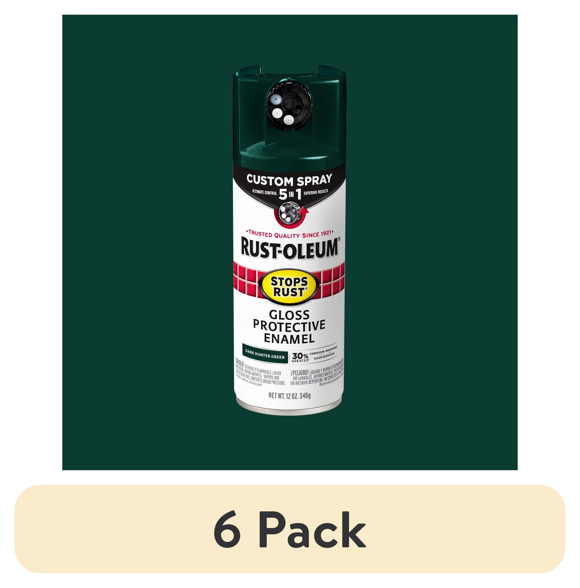 (6 pack) Dark Hunter Green, Rust-Oleum Stops Rust Custom Sprays 5 in 1 Gloss Spray Paint-376902, 12 oz