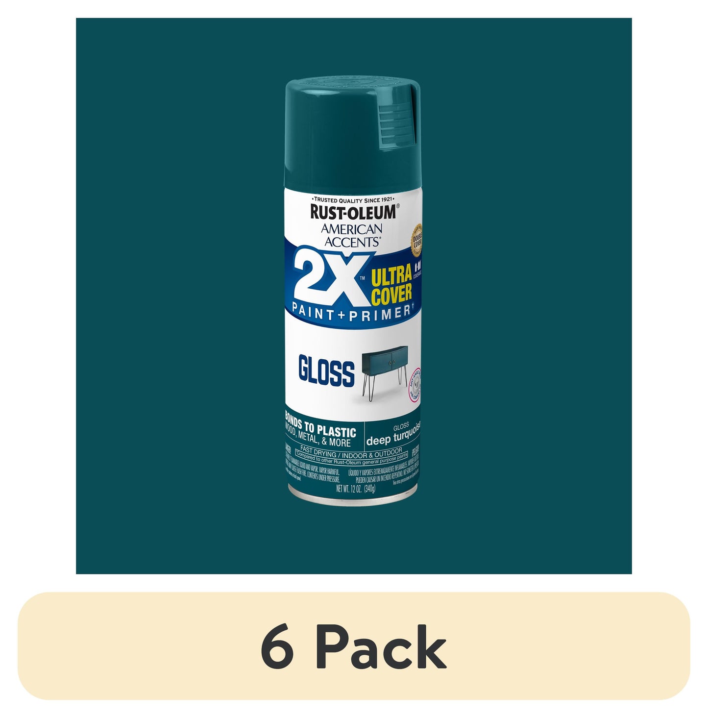 (6 pack) Deep Turquoise, Rust-Oleum American Accents 2X Ultra Cover Gloss Spray Paint-327902, 12 oz