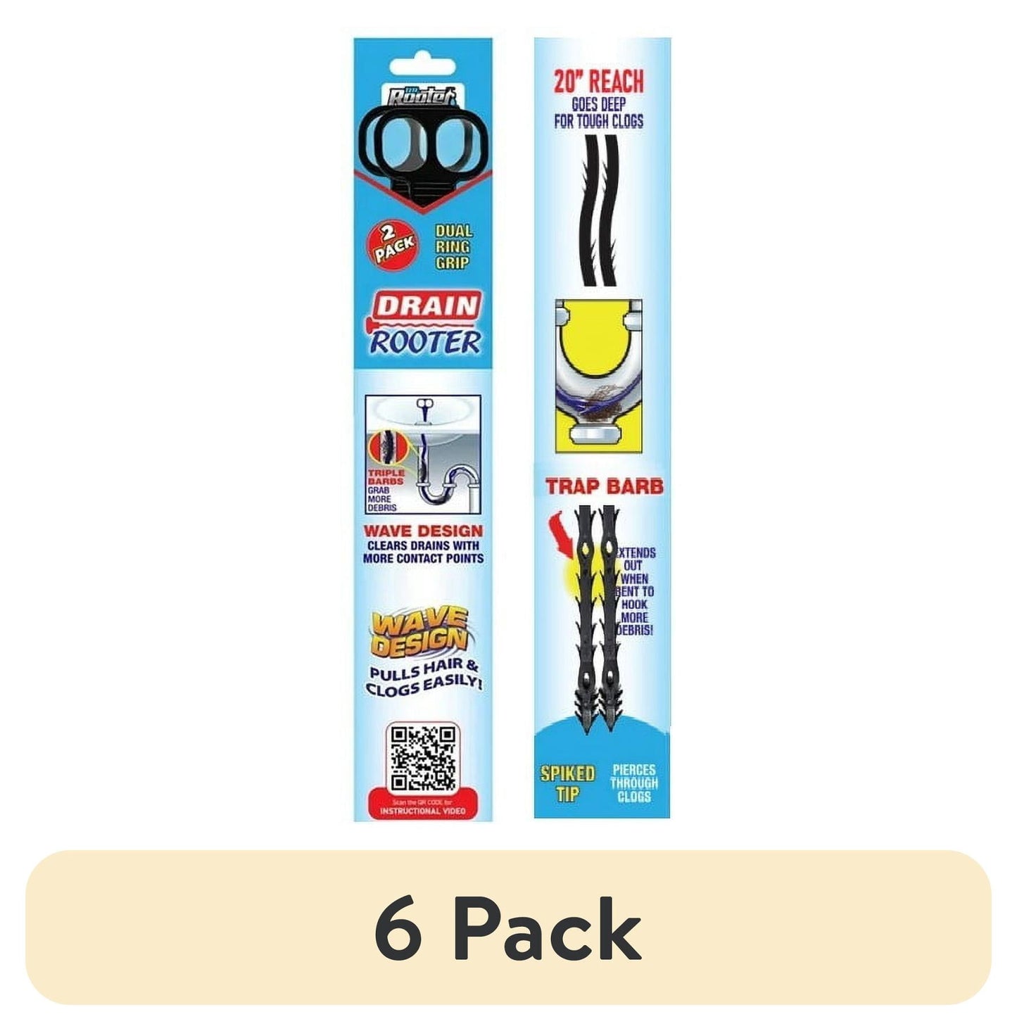 (6 pack) Dr. Rooter 20" Drain Snake with 46 Trap Spikes, Non-Toxic & Reusable, 2 Pack