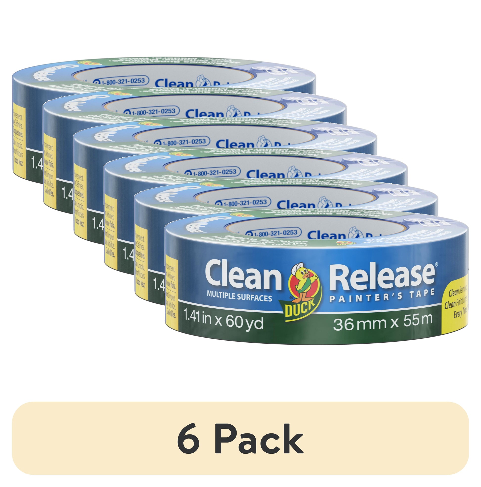 (6 pack) Duck Clean Release 1.41 in. x 60 yd. Blue Painter's Tape