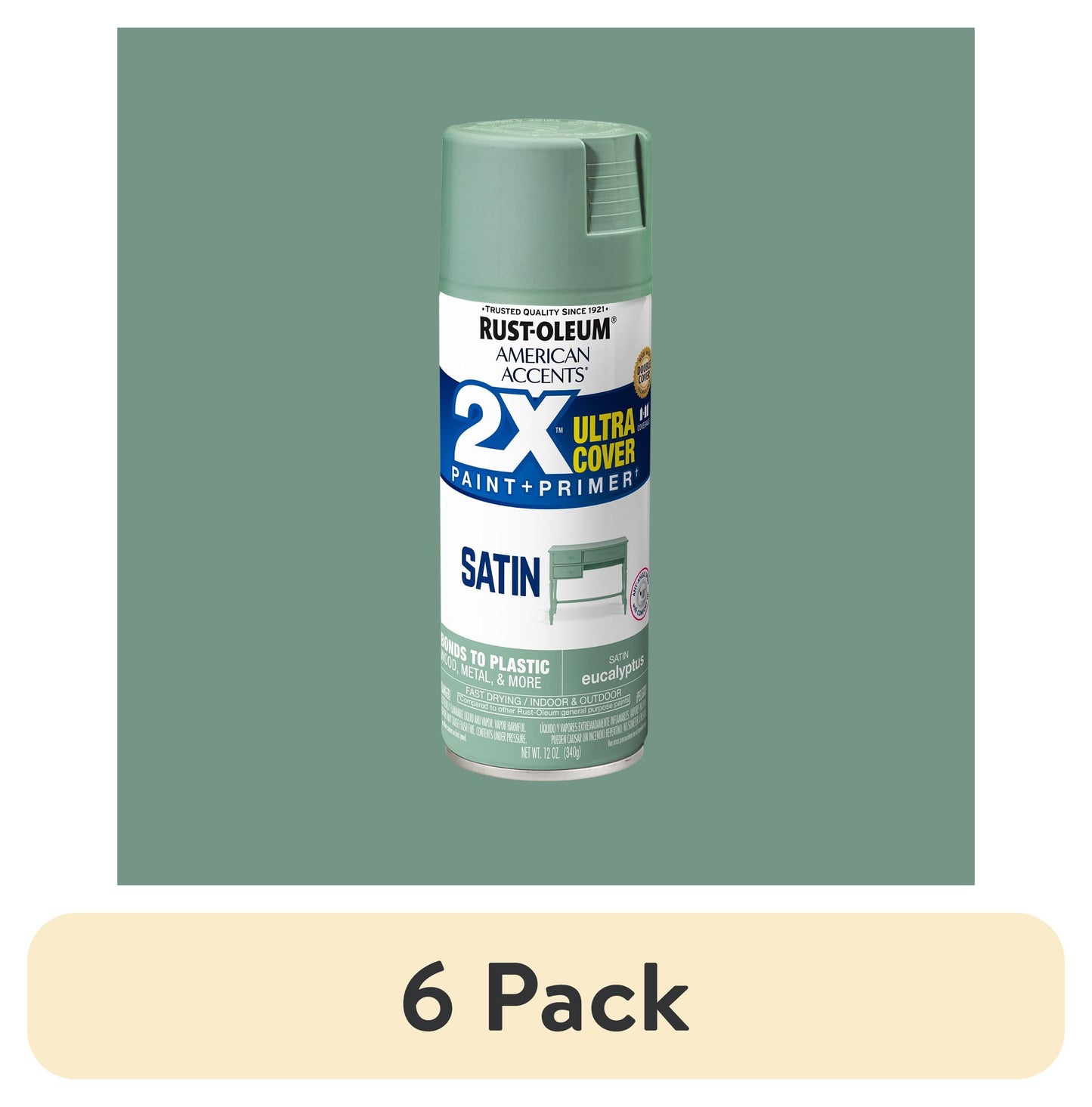 (6 pack) Eucalyptus, Rust-Oleum American Accents 2X Ultra Cover Satin Spray Paint-383196, 12 oz