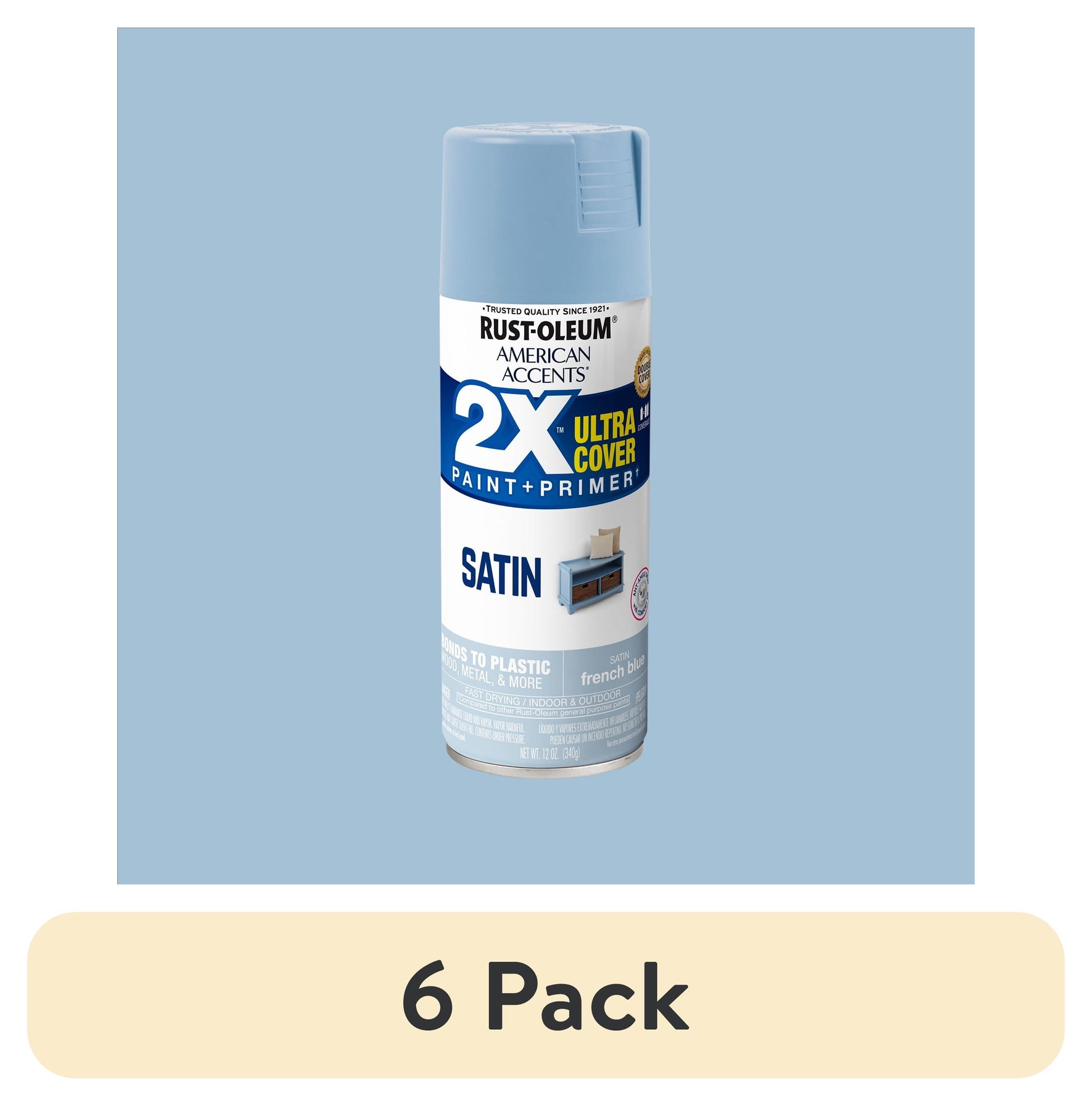 (6 pack) French Blue, Rust-Oleum American Accents 2X Ultra Cover Satin Spray Paint-327925, 12 oz