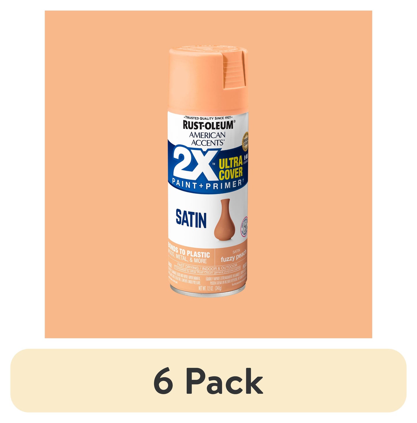 (6 pack) Fuzzy Peach, Rust-Oleum American Accents 2X Ultra Cover Satin Spray Paint-389904, 12 oz