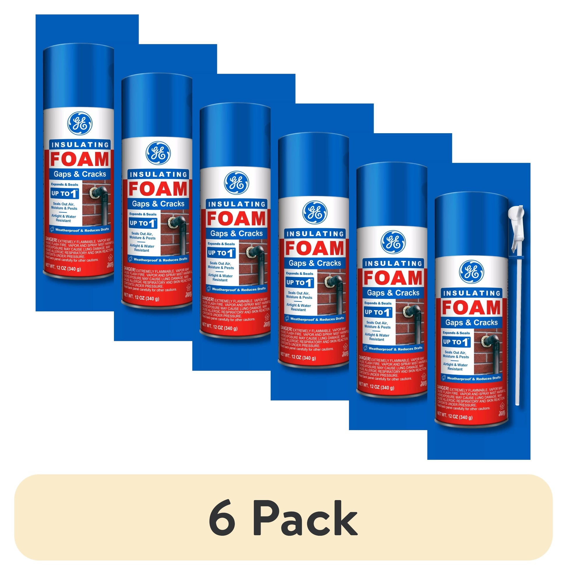 (6 pack) GE Gaps & Cracks Insulating Foam, Pack of 1, Yellow 12 oz Can