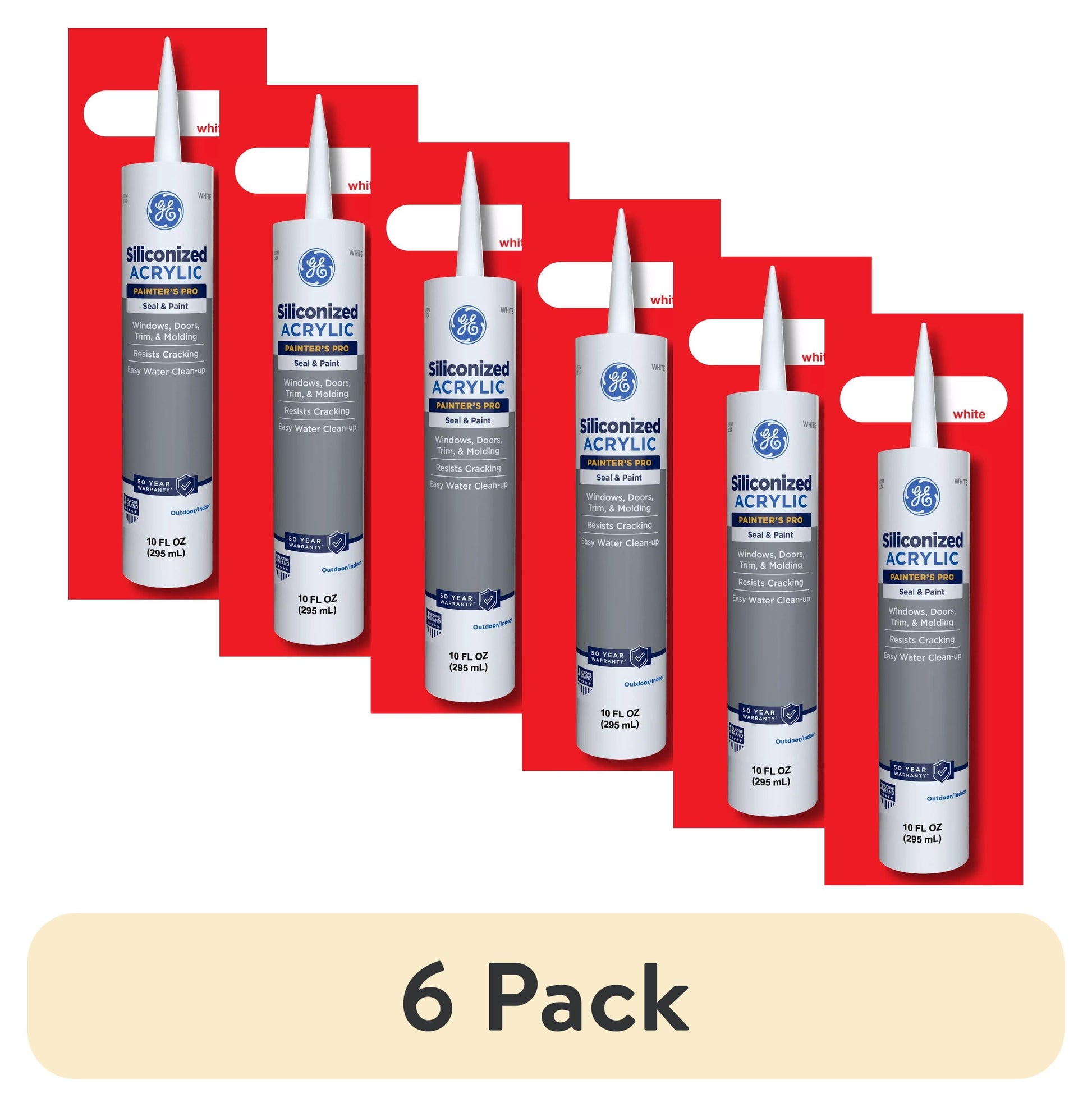 (6 pack) GE Siliconized Acrylic Painters Pro Sealant Seal & Paint, Pack of 1, White 10 fl oz Cartridge