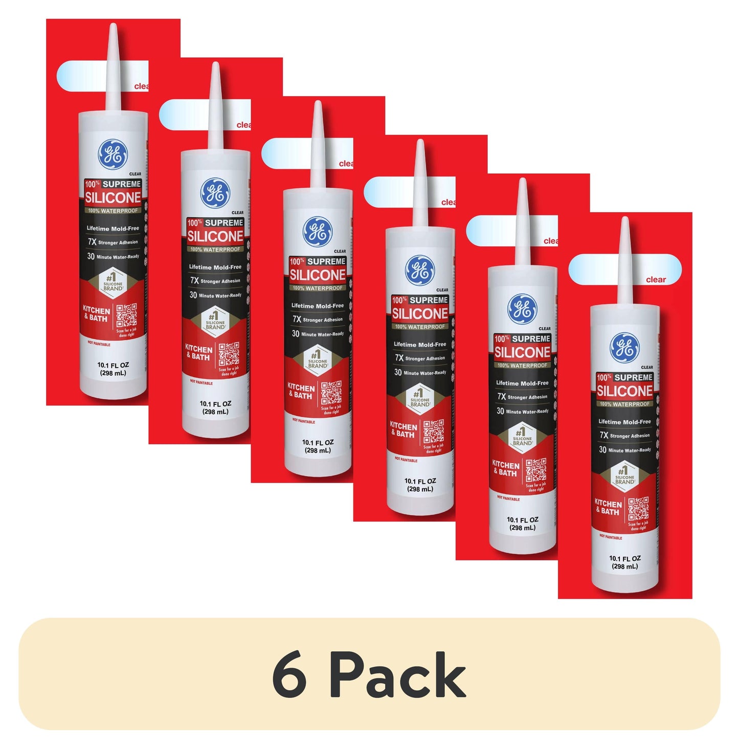 (6 pack) GE Supreme Silicone Kitchen & Bath Sealant, Pack of 1, Clear 10.1 fl oz Cartridge