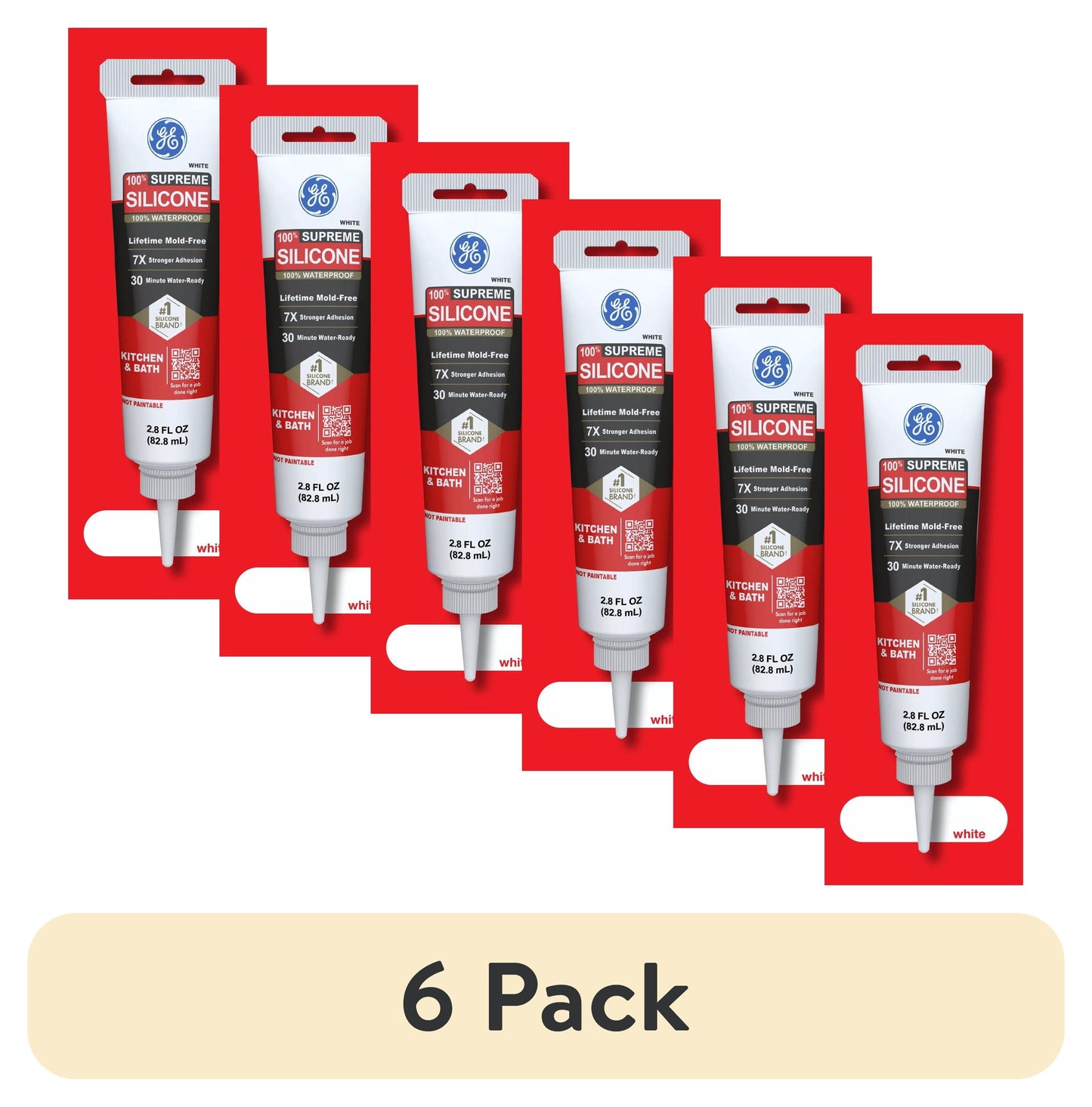 (6 pack) GE Supreme Silicone Kitchen & Bath Sealant, Pack of 1, White 2.8 fl oz Tube