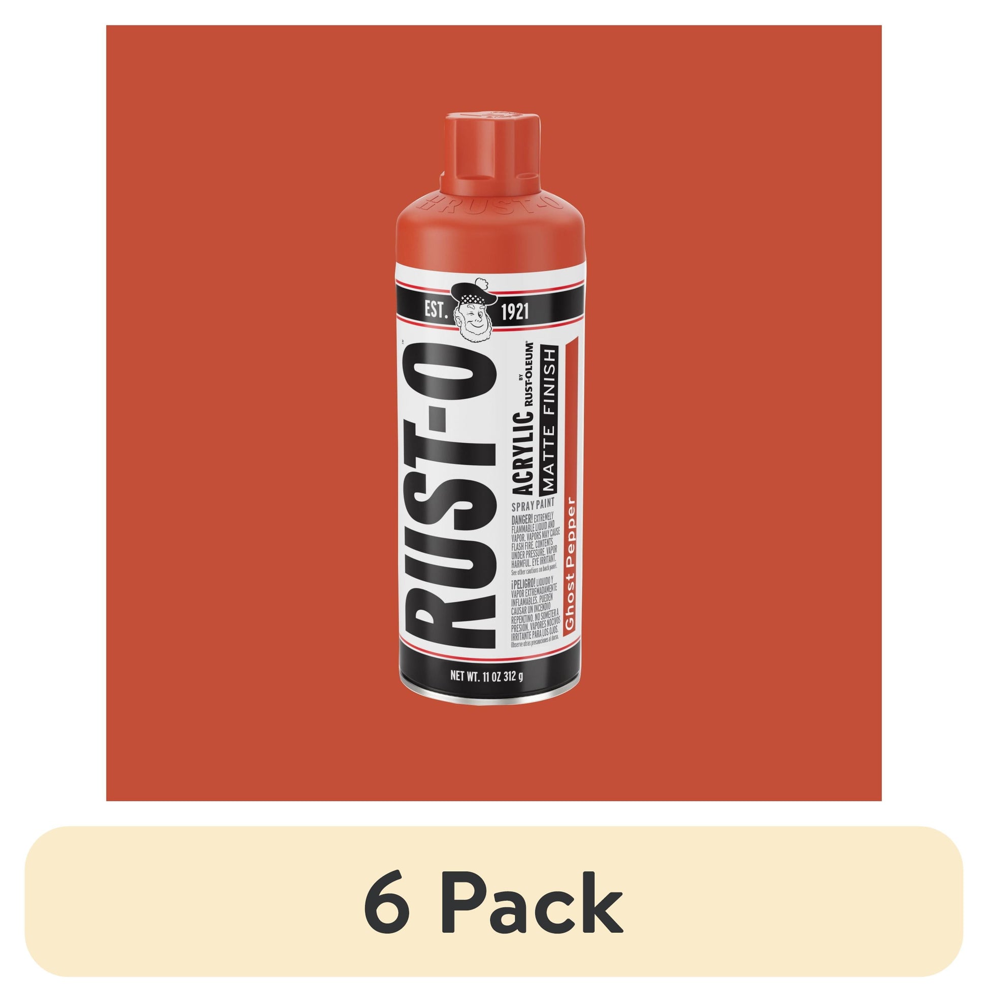 (6 pack) Ghost Pepper, Rust-Oleum Rust-O Acrylic Matte Spray Paint-392212, 11 oz