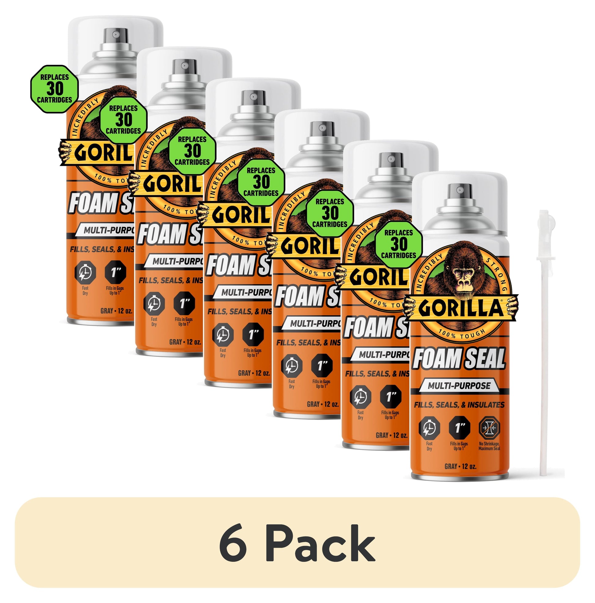 (6 pack) Gorilla Espuma Gris Sellador Aislante MultipropÃ³sito 12 oz