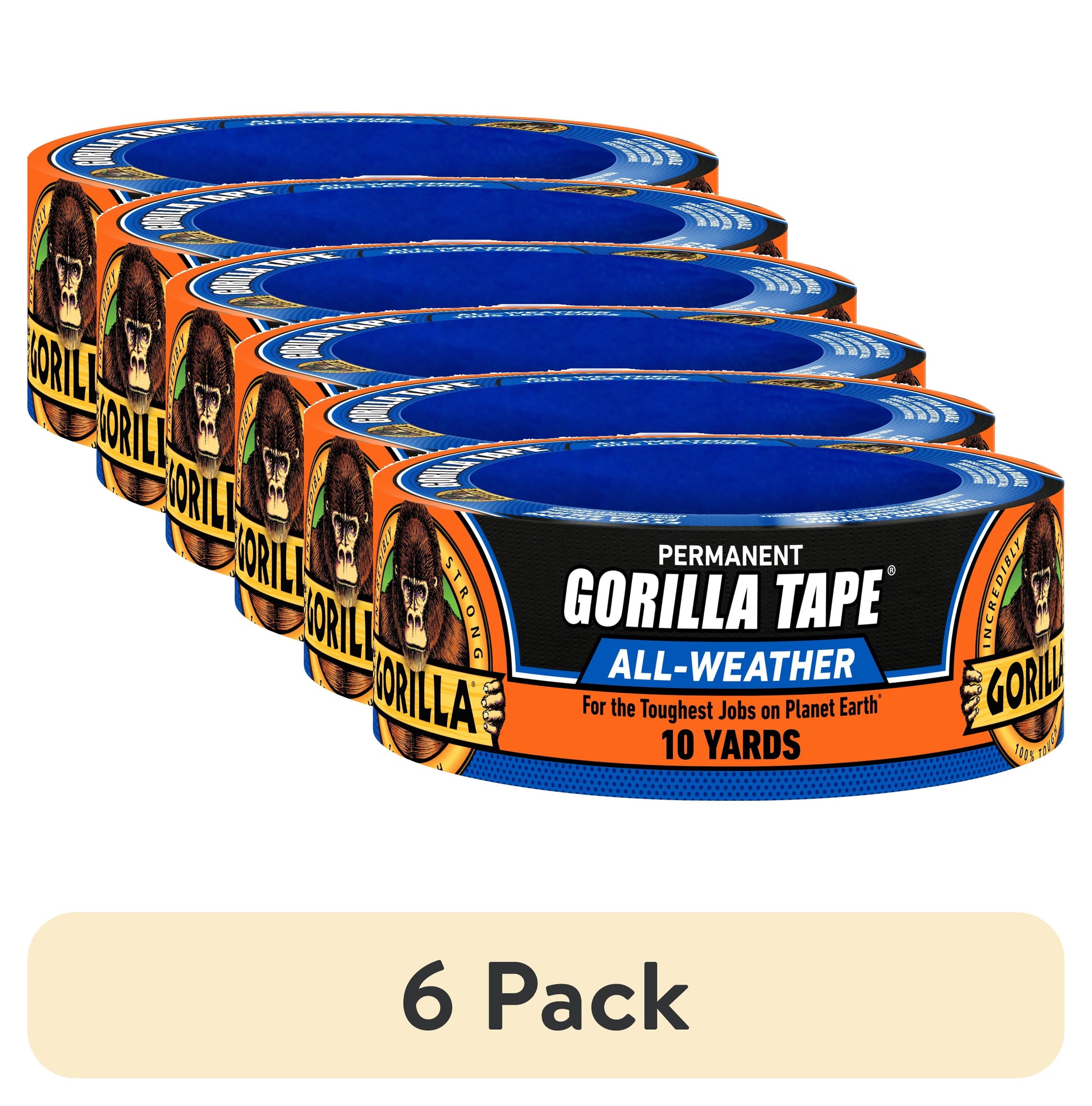 (6 pack) Gorilla Permanent All Weather Black Tape 1.88 in x 10 Yard