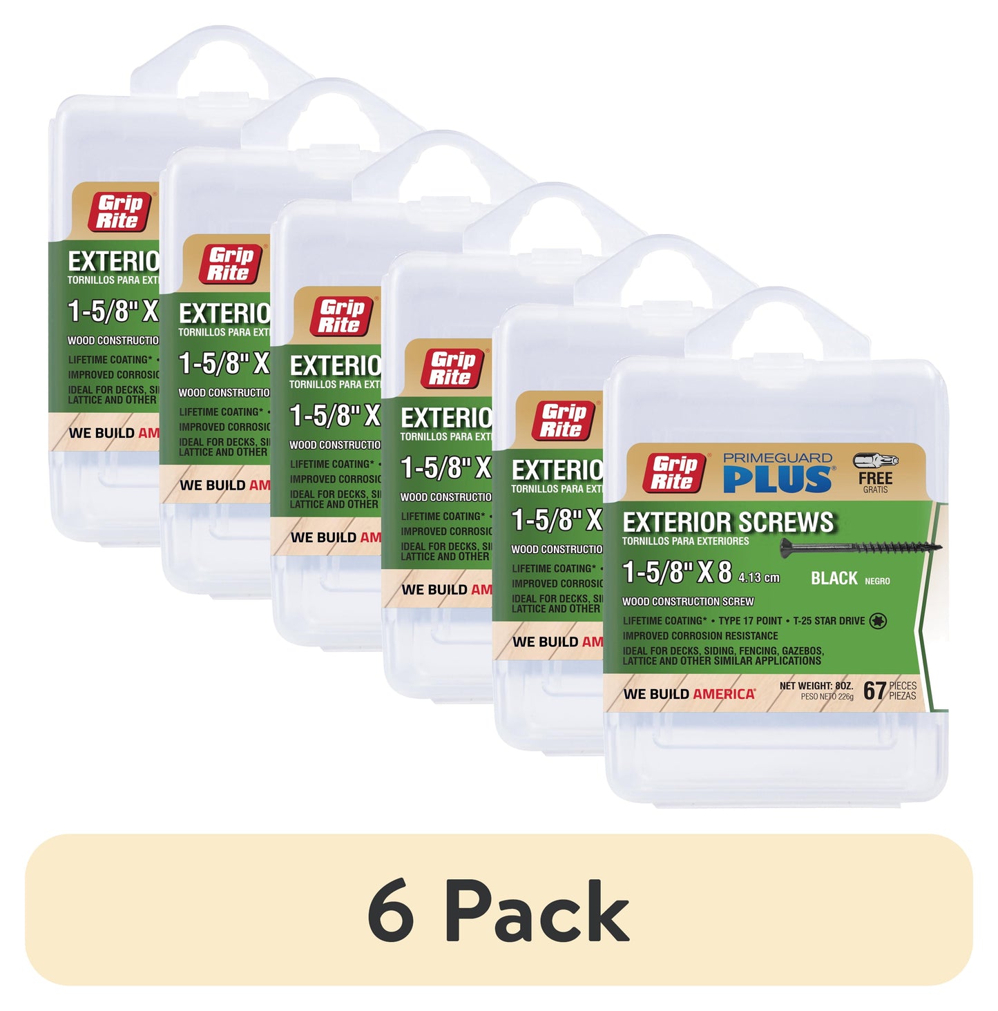 (6 pack) Grip-Rite PrimeGuard Plus #8 x 1-5/8 in. Black Wood to Wood Deck Screw 67CT