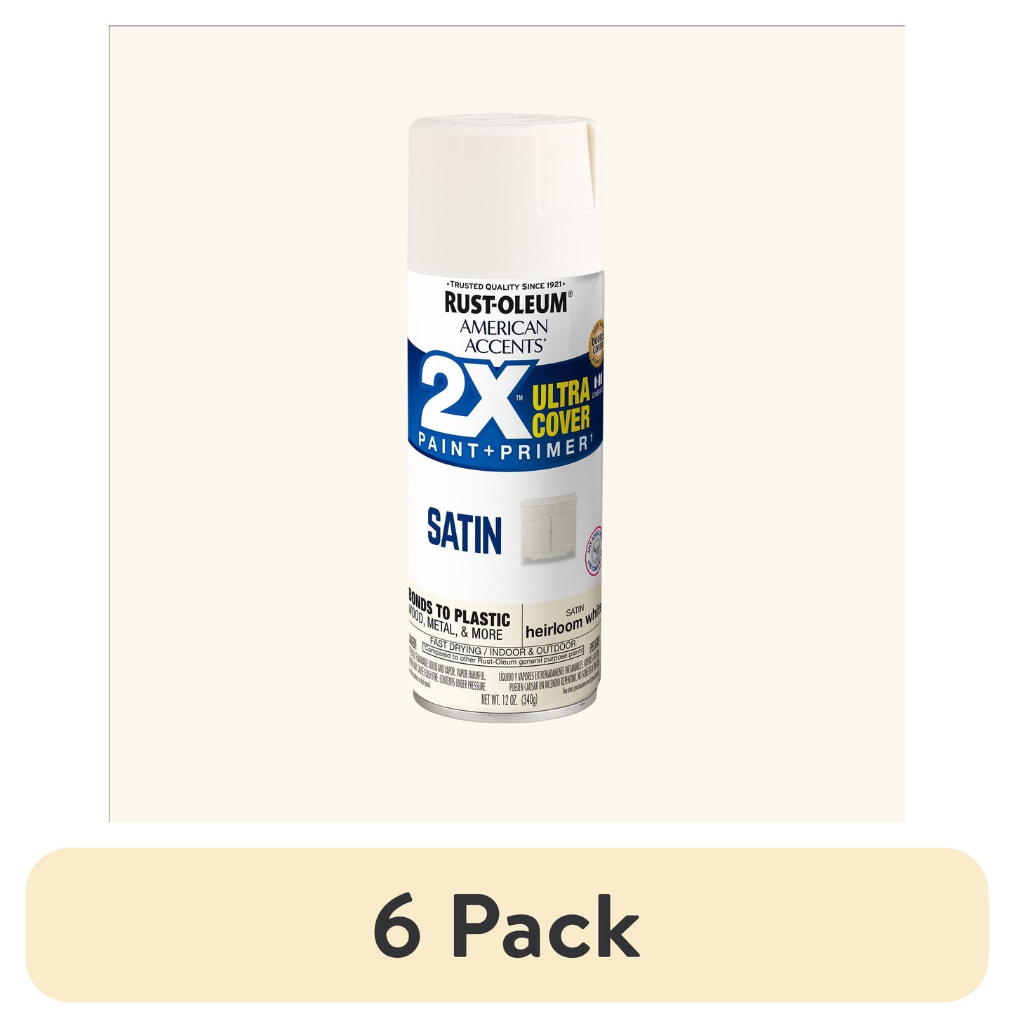 (6 pack) Heirloom White, Rust-Oleum American Accents 2X Ultra Cover Satin Spray Paint-327920, 12 oz