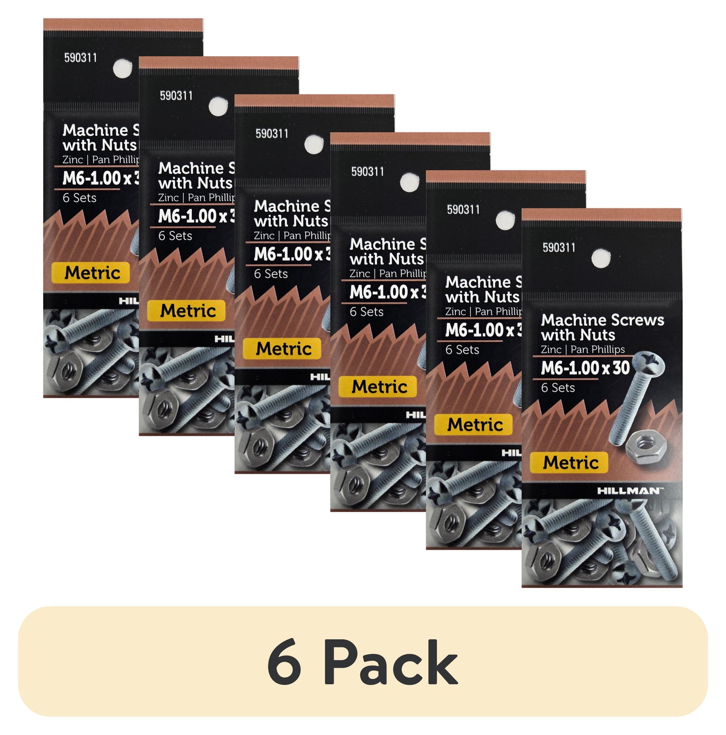 (6 pack) Hillman Pan Head Phillips Machine Screw M6-1.00 X 30, Zinc, Steel, 6 Sets