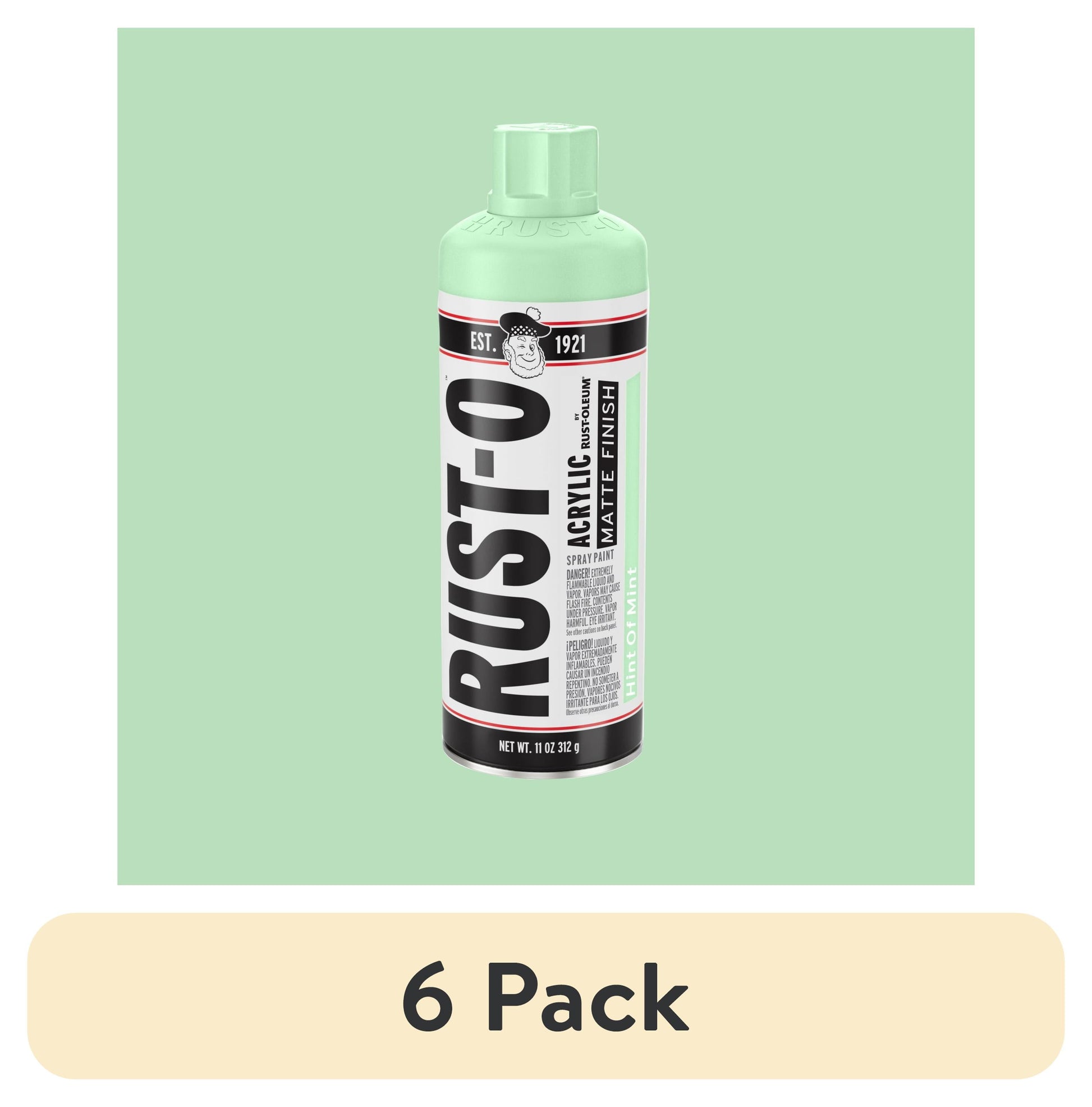 (6 pack) Hint of Mint, Rust-Oleum Rust-O Acrylic Matte Spray Paint-392205, 11 oz