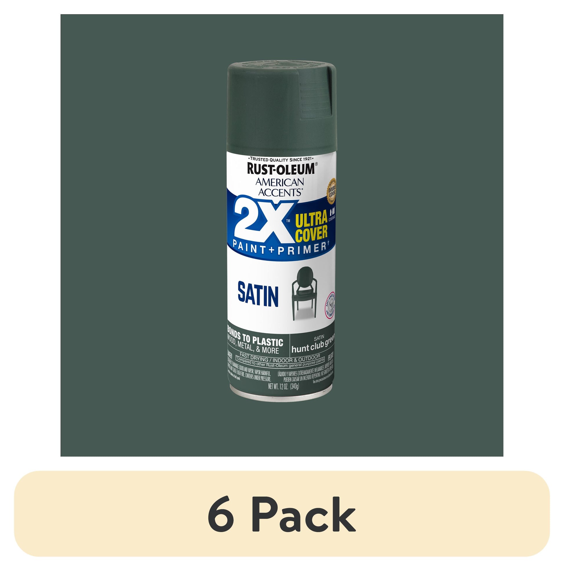 (6 pack) Verde Club de Caza, Rust-Oleum American Accents 2X Ultra Cover Pintura en Aerosol Satinada-354706, 12 oz