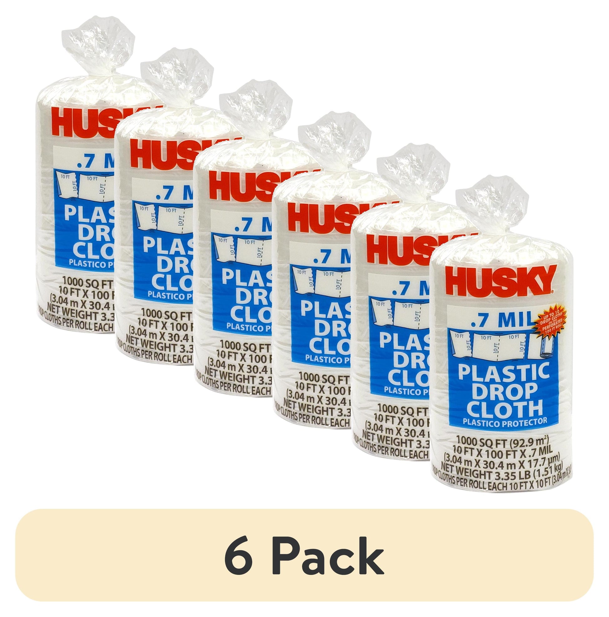(6 pack) Husky 0.7 Mil Clear Plastic Drop Cloth, 10 ft. x 100 ft.