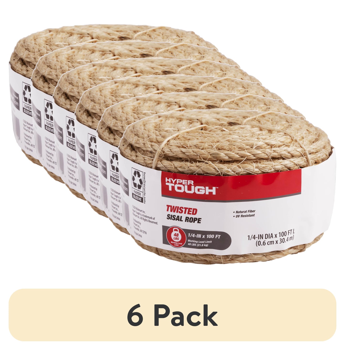 (Paquete de 6) Hyper Tough ArtÃ­culo# 8010L-HT, Cuerda Torcida de Sisal, Color Natural, 1/4" x 100', 1 Unidad