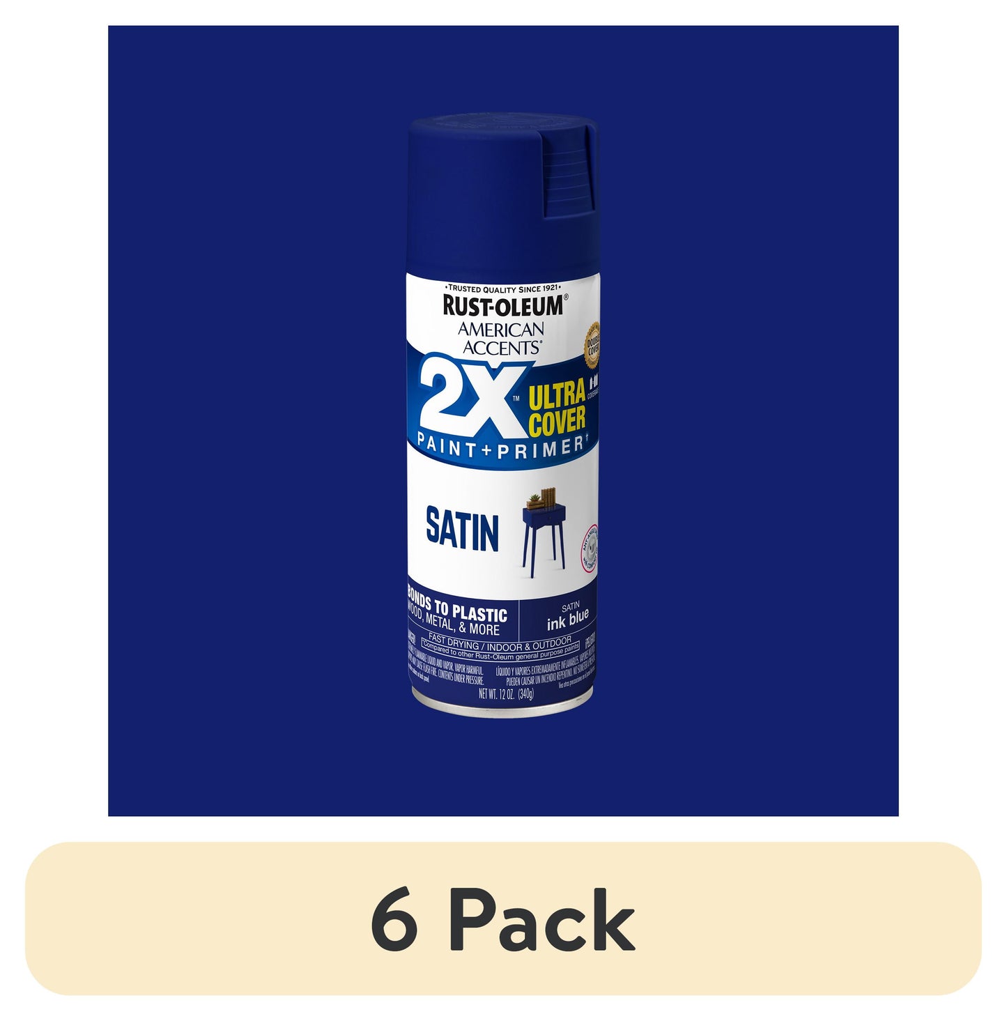(6 pack) Ink Blue, Rust-Oleum American Accents 2X Ultra Cover Satin Spray Paint-327937, 12 oz