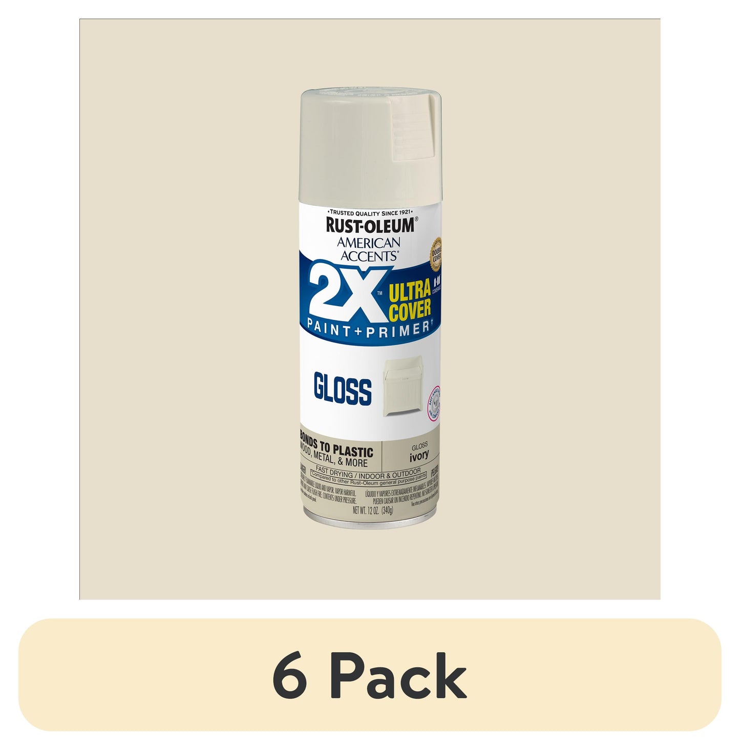 (6 pack) Ivory, Rust-Oleum American Accents 2X Ultra Cover Gloss Spray Paint-327895, 12 oz
