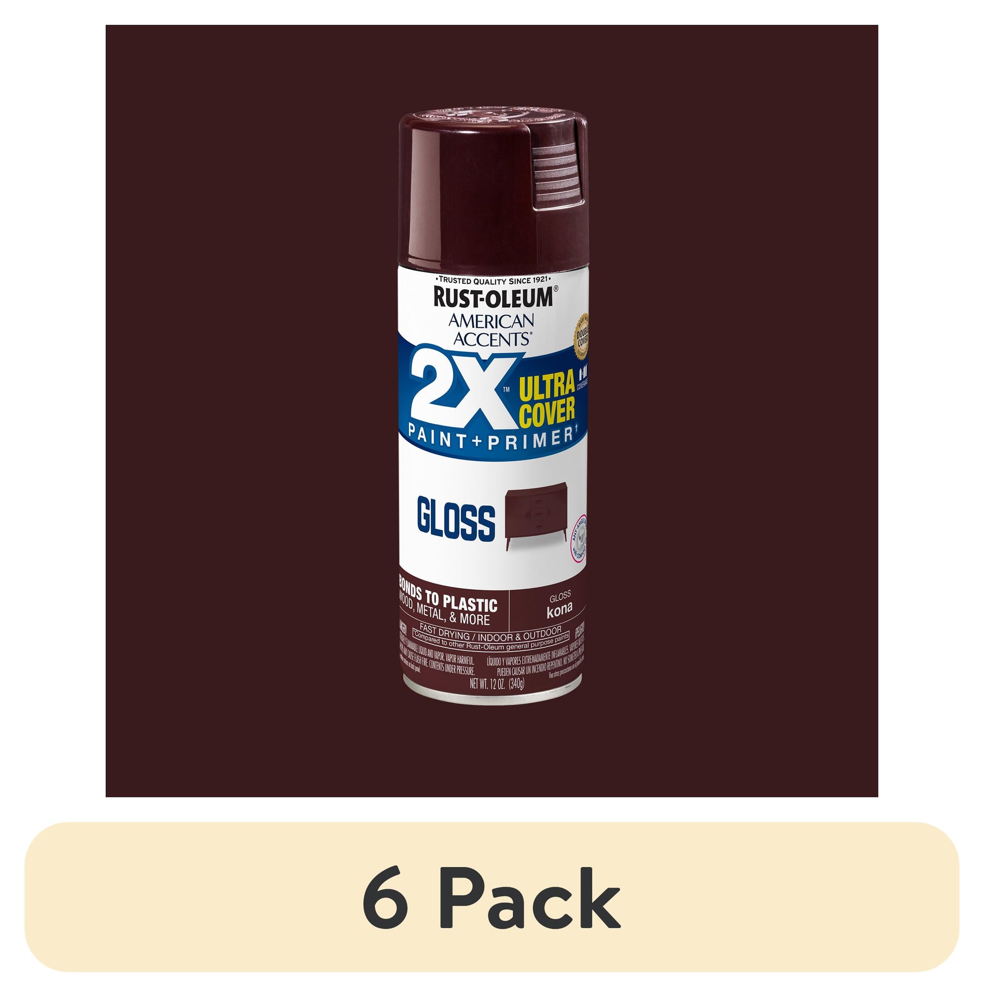 (6 pack) Kona, Rust-Oleum American Accents 2X Ultra Cover Gloss Spray Paint-327872, 12 oz