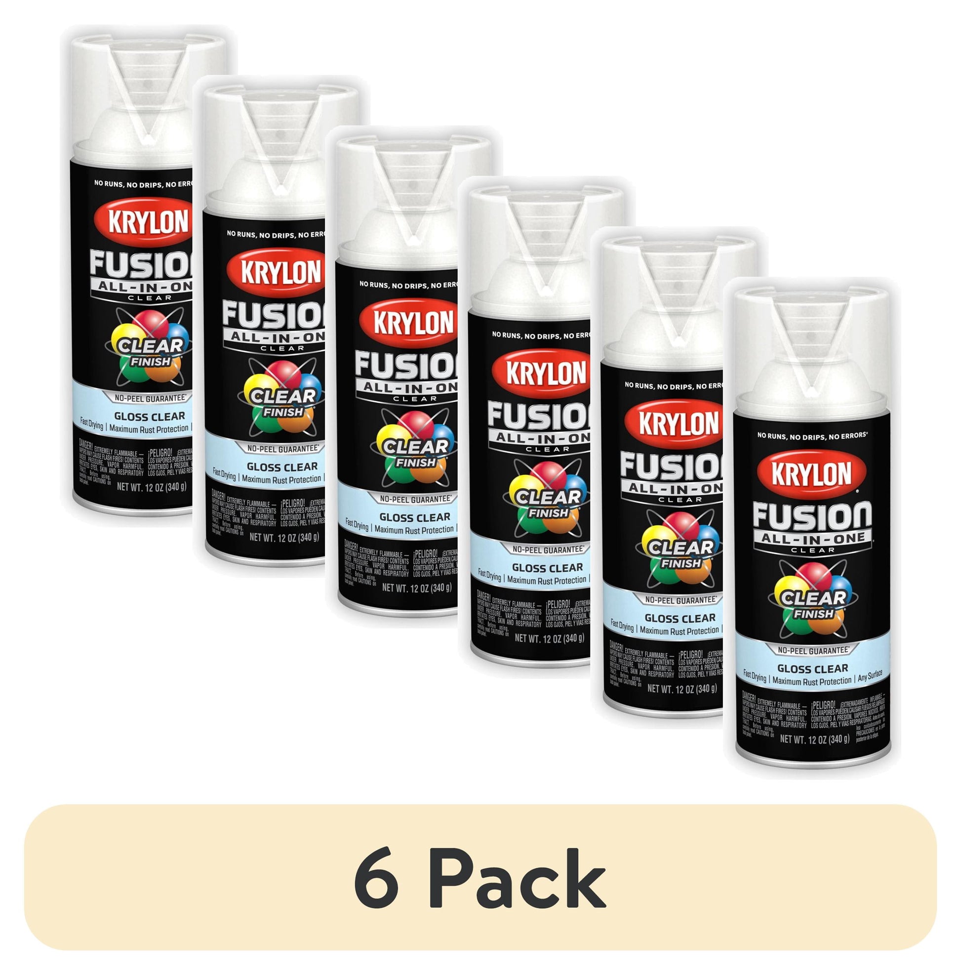 (6 pack) Krylon Fusion All-In-One Transparente, Brillo, Transparente, 12 oz