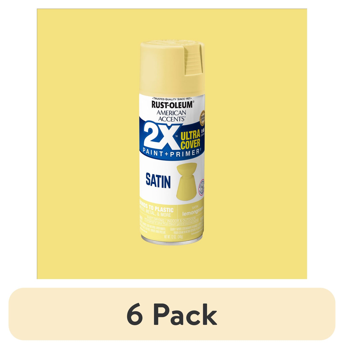 (6 pack) Lemongrass, Rust-Oleum American Accents 2X Ultra Cover Satin Spray Paint-376185, 12 oz